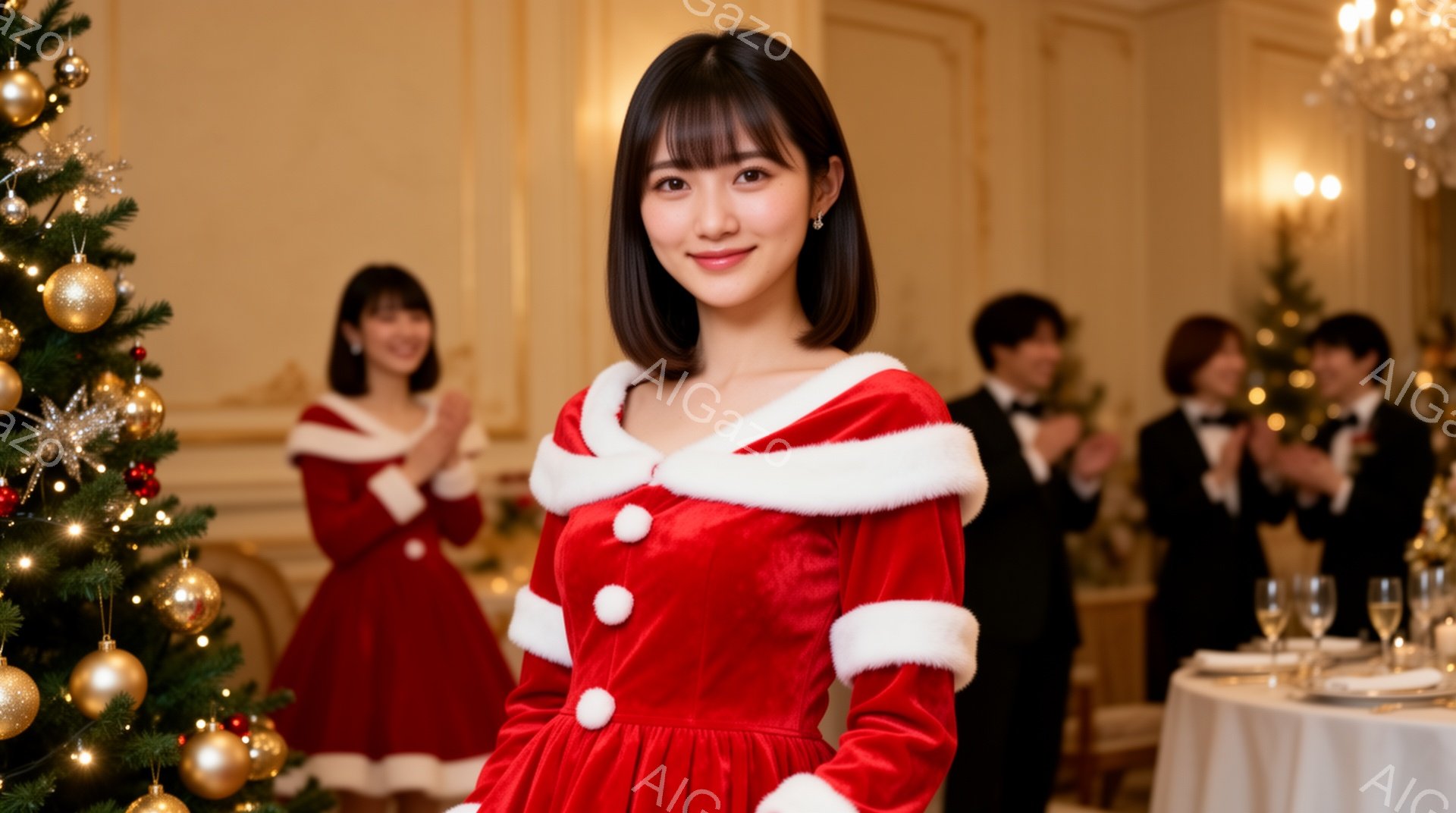 画像の中心には、赤いベルベットのサンタクロース風のドレスを着た若い女性が立っています。彼女は髪を肩まで伸ばし、前髪を下ろしたスタイルで、微笑んでいます。背景には、クリスマスツリーや、タキシードを着た人々がぼやけて写っており、華やかで温かいクリスマスの雰囲気を感じさせます。