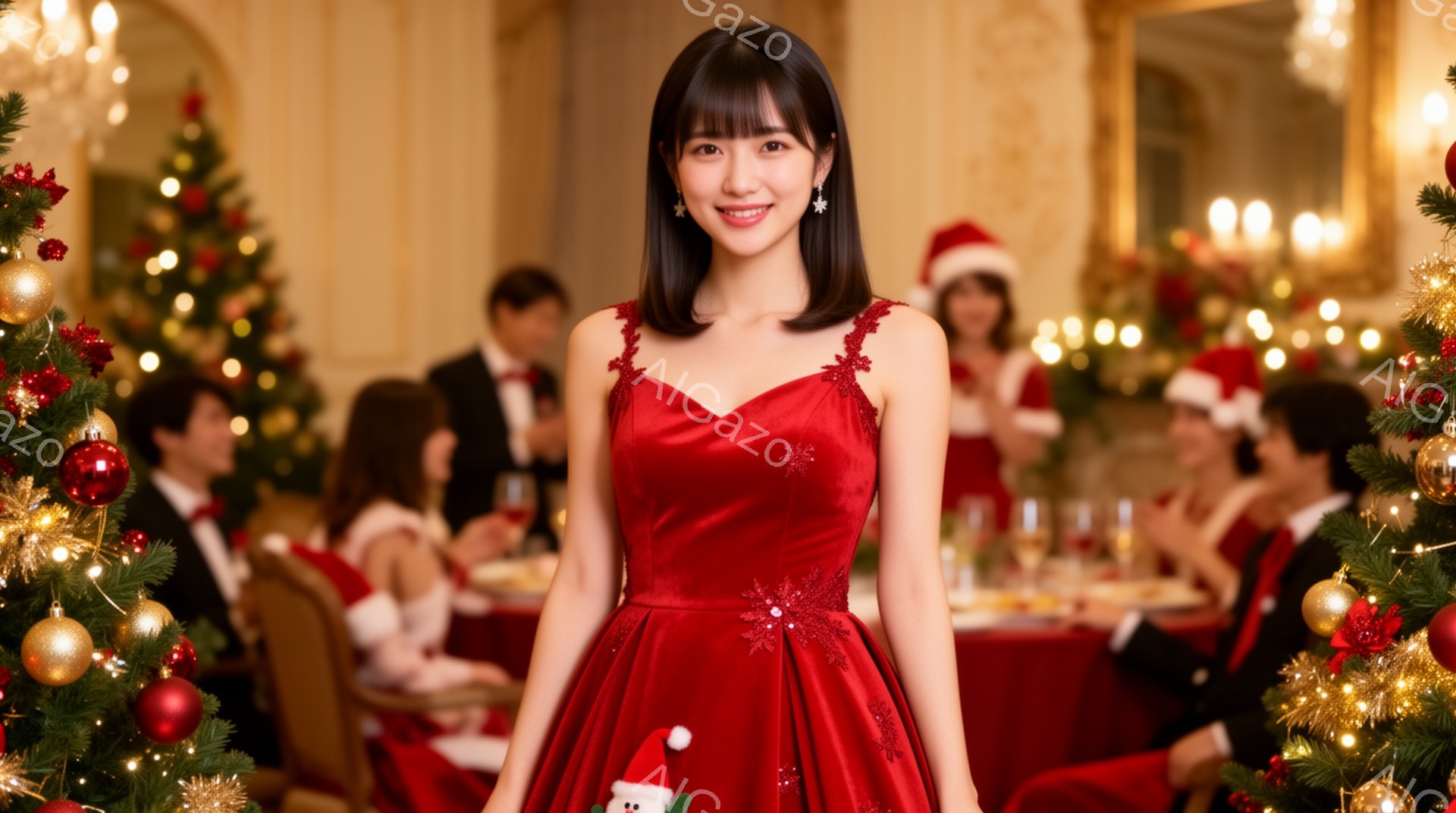 真っ赤なイブニングドレスを着た若い女性が、カメラに向かって微笑んでいる。彼女は肩までの長さの黒髪で、華やかなパーティーの背景には、クリスマスツリーとテーブルを囲んで食事をする人々が見える。会場全体は温かい光に包まれ、華やかで祝祭的な雰囲気が漂っている。