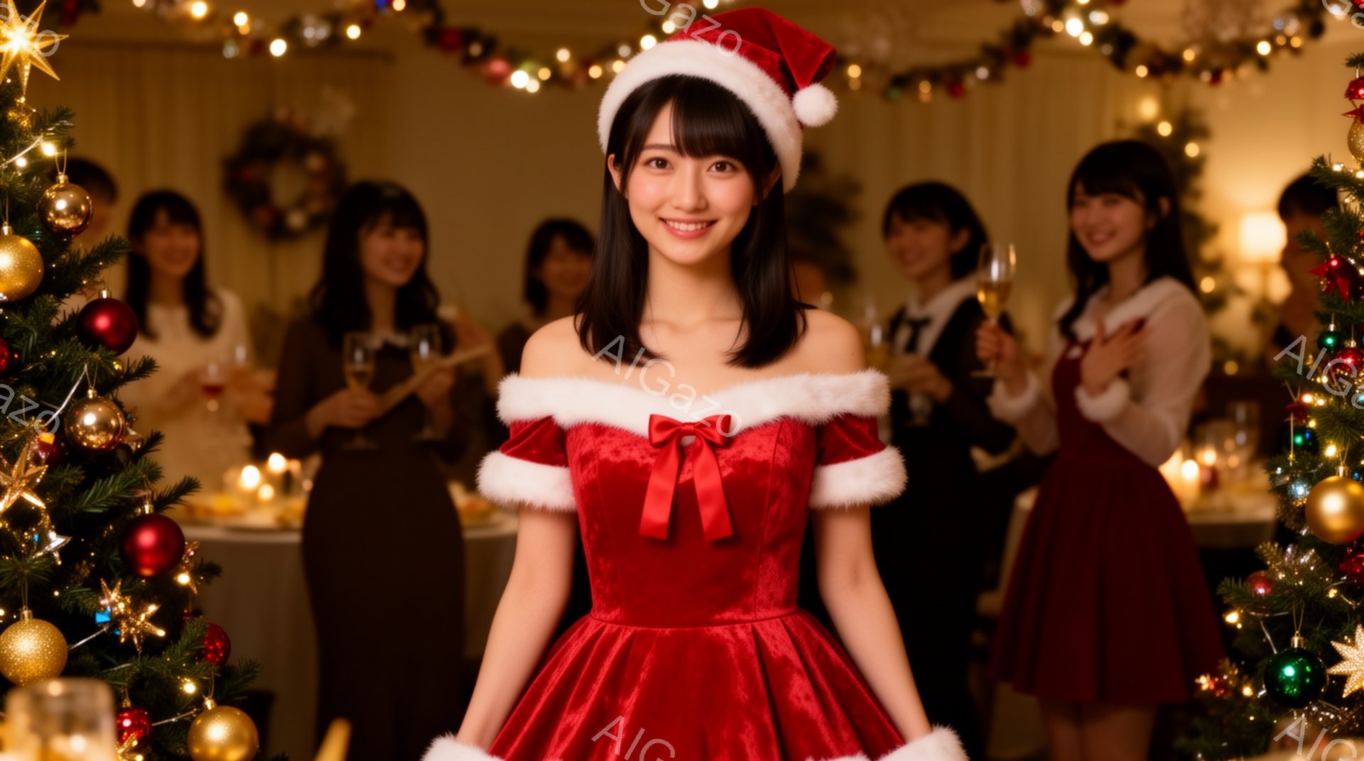 画像は、クリスマスパーティーの様子を捉えたもので、赤いサンタクロース風のワンピースを着た若い女性が中央に立っています。彼女は肩出しのドレスに白いファーの縁取りがあり、大きなリボンが特徴的で、サンタ帽を被り、カメラに向かって微笑んでいます。背景には、シャンパングラスを持つ他の女性たちがぼやけて写っており、部屋全体がクリスマスツリーや装飾で飾られ、暖かく華やかな雰囲気が漂っています。