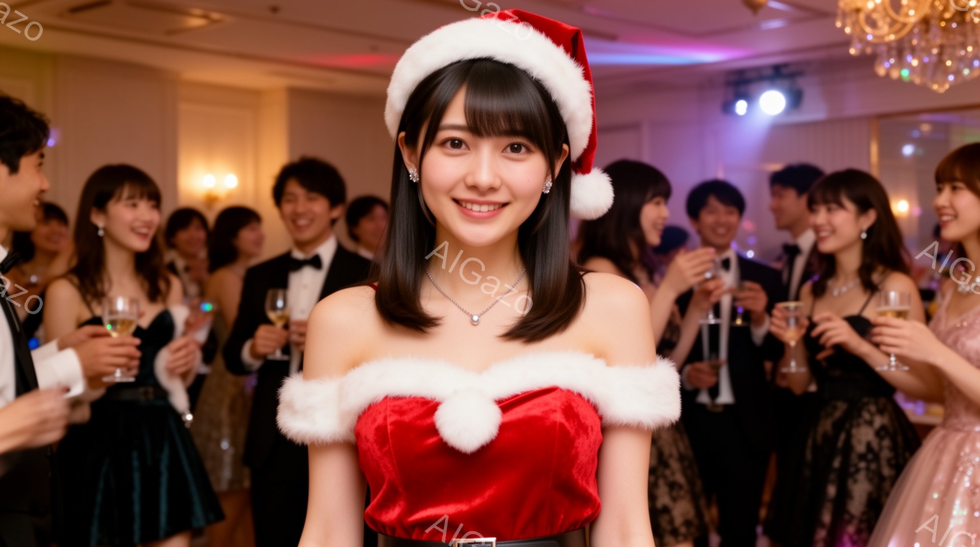 この画像は、クリスマスをテーマにしたパーティーの様子を捉えたものです。中央にいる女性は、オフショルダーの赤いドレスとサンタ帽を身につけ、笑顔でカメラに向かってポーズをとっています。背景には、グラスを持 - AI生成フリー素材