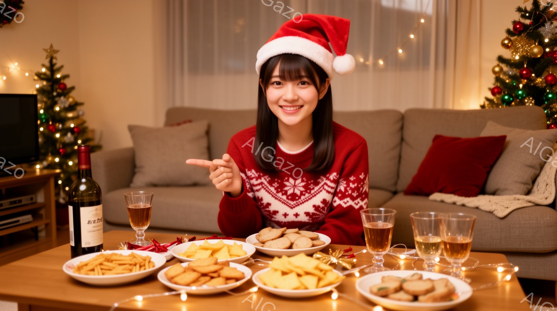 女性はサンタの帽子をかぶり、赤いノルディック柄のセーターを着ています。彼女はテーブルを指し、明るい笑顔を浮かべています。背景にはクリスマスツリーとソファがあり、テーブルにはワインやクッキー、スナックが並び、温かくお祝いムードに包まれています。