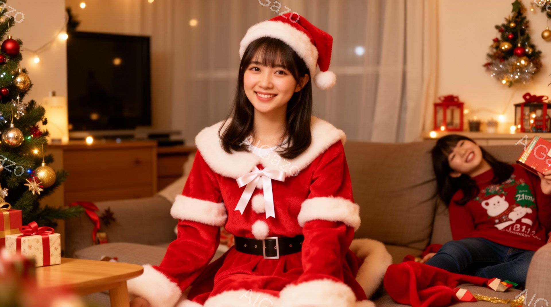 鮮やかな赤いサンタの衣装を着た女性が、カメラに向かって微笑んでいます。彼女は白いファーのトリミングが施された赤いドレスと帽子を身につけ、明るい表情で楽しそうに見えます。背景にはクリスマスツリーやプレゼント、そしてソファーに座ってプレゼントを持つ少女がおり、温かくお祝いムードにあふれた室内が広がっています。