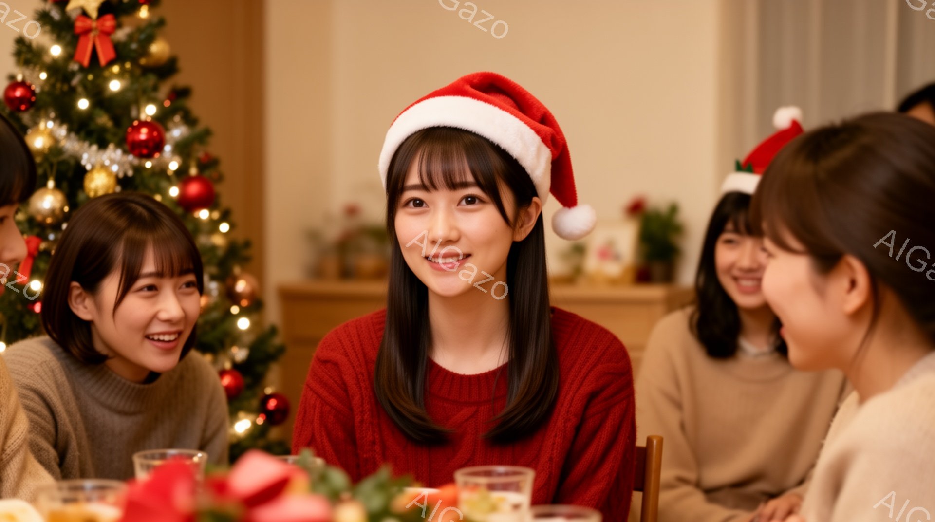 クリスマスツリーを背景に、赤いニットを着た女性がサンタの帽子をかぶり、微笑んでいます。彼女の周りには、ベージュのセーターを着た女性たちが集まり、楽しそうな表情をしています。テーブルには料理が並び、暖かく、和やかなクリスマスの雰囲気が伝わってきます。