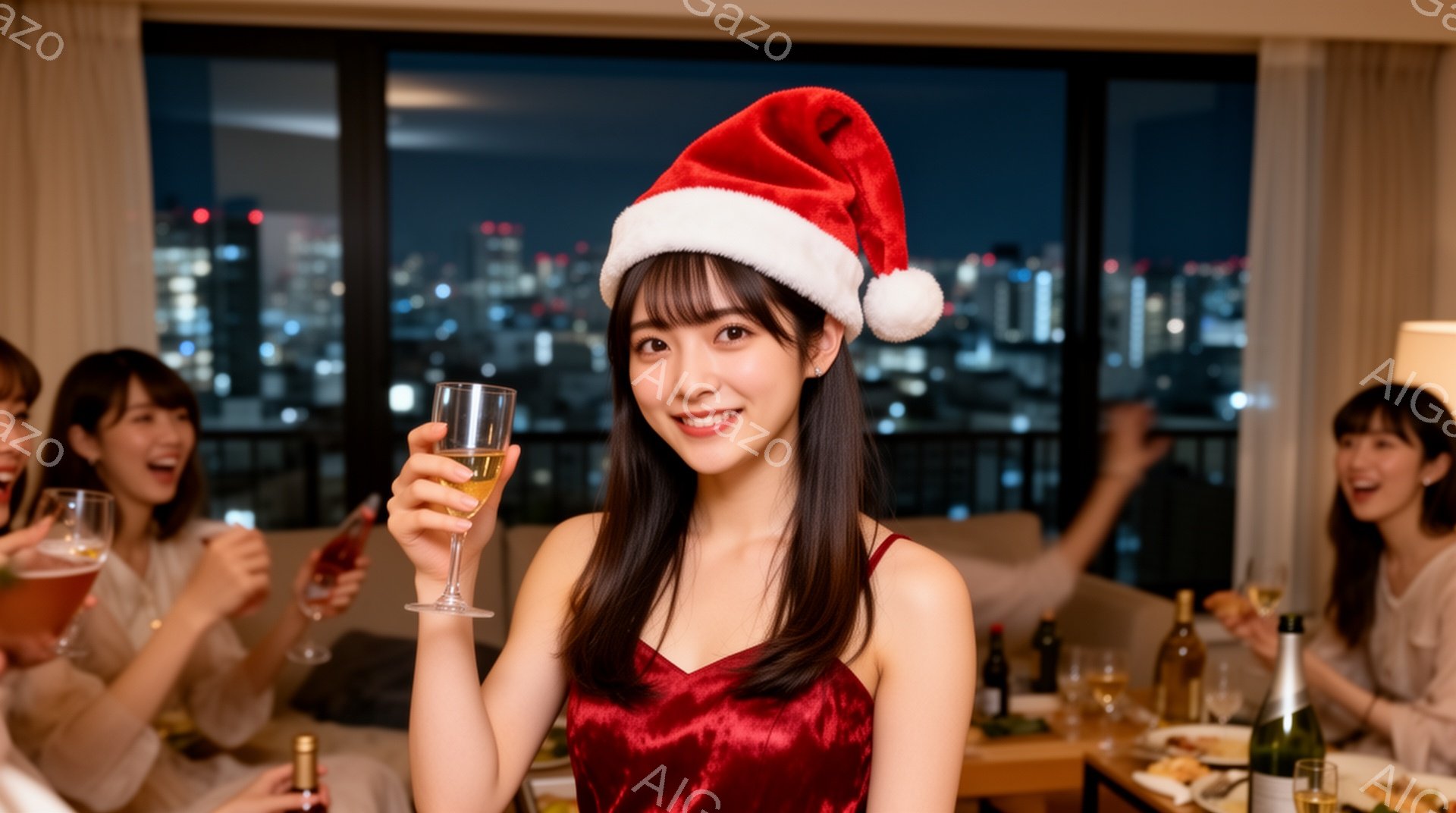 画像の中心には、赤いサンタ帽をかぶった若い女性が、グラスを掲げて微笑んでいます。彼女は赤いベルベットのドレスを着ており、黒髪は肩まで伸びています。背景には、夜景が広がる高層ビルの窓があり、他の女性たち - AI生成フリー素材
