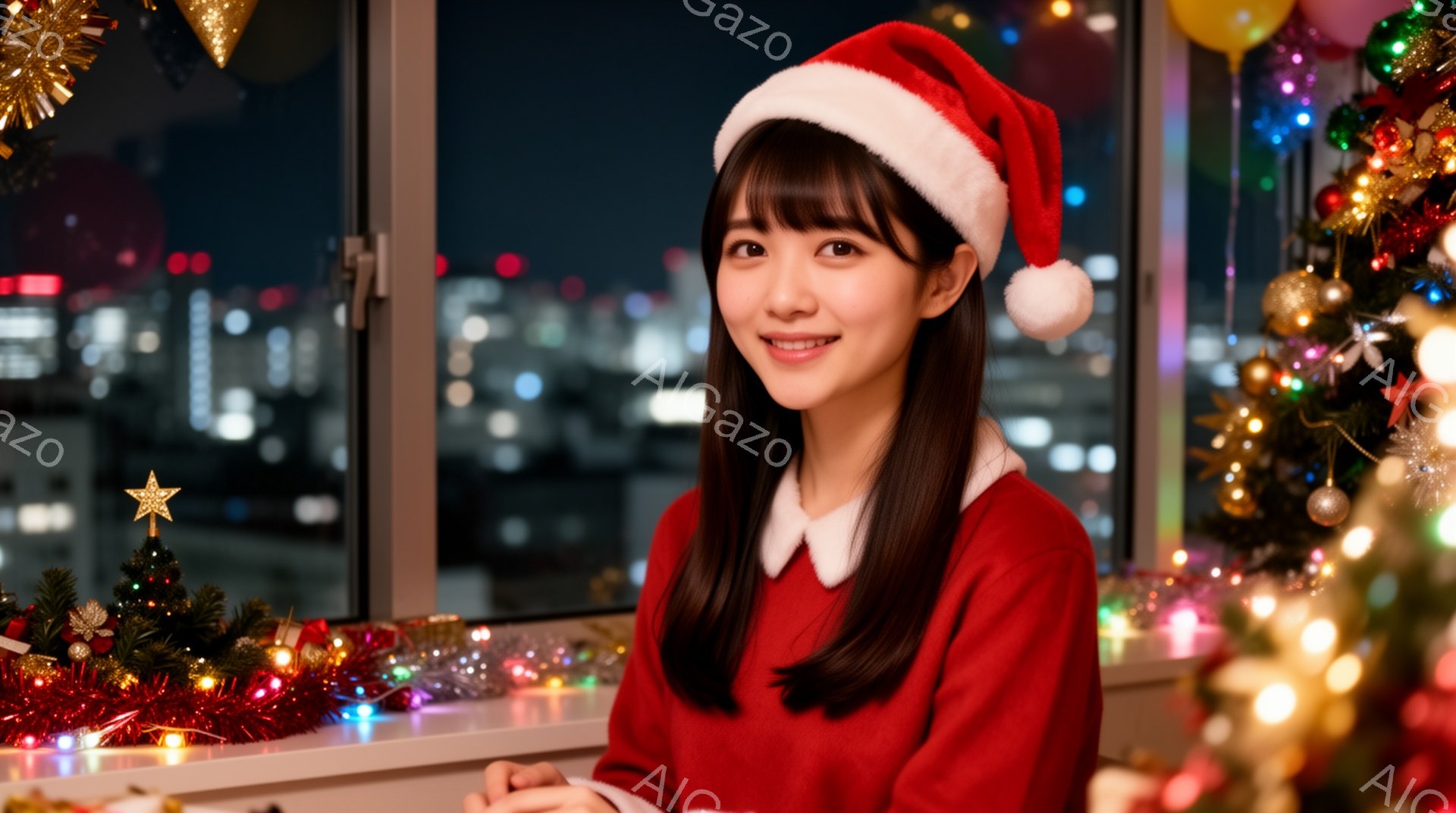 長い黒髪で前髪を作った若い女性が、赤いサンタの帽子をかぶって微笑んでいます。彼女は白い襟付きの赤いセーターを着ており、背景にはクリスマスツリーやイルミネーションが飾られた窓辺に立っています。夜景が見える室内で、暖かく、お祝いムード満点の雰囲気です。