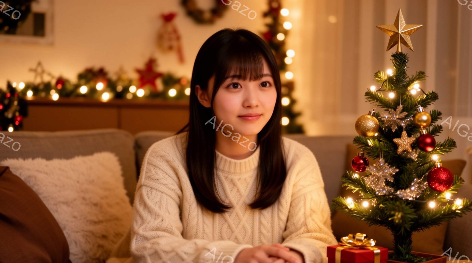 長い黒髪をセンターパートにした若い女性が、白いケーブルニットのセーターを着て微笑んでいます。彼女はソファに座り、小さなクリスマスツリーと赤いリボンで飾られたプレゼントボックスの前にいます。背景には、クリスマスツリーの飾りや光が暖かく、家庭的な雰囲気を醸し出しています。