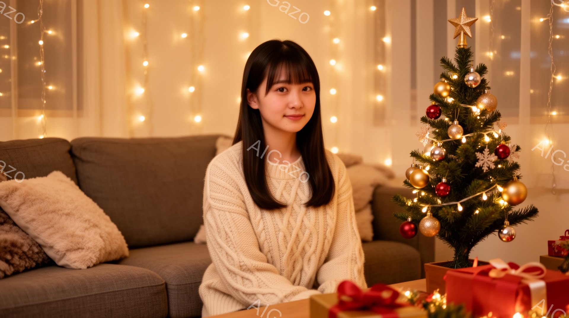 若い女性がソファーに座り、微笑んでいます。彼女はオフホワイトのケーブルニットセーターを着ており、ダークブラウンの長い髪はストレートに垂れ下がっています。背景には、装飾された小さなクリスマスツリーと、プレゼントボックス、そして暖色系のフェアリーライトが飾られたリビングルームが見えます。