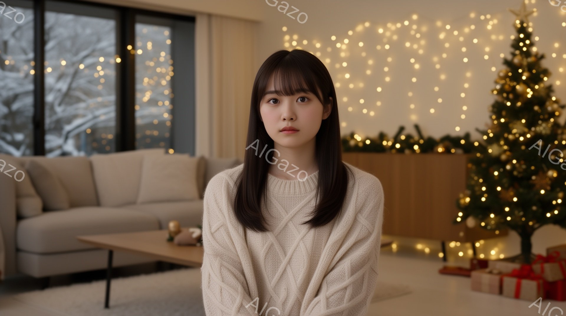長い黒髪で前髪ぱっつんの若い女性が、オフホワイトのケーブルニットセーターを着て正面を向いています。彼女は少し憂いを含んだ表情で、リラックスした姿勢で座っています。背景にはクリスマスの飾り付けがされた部 - AI生成フリー素材