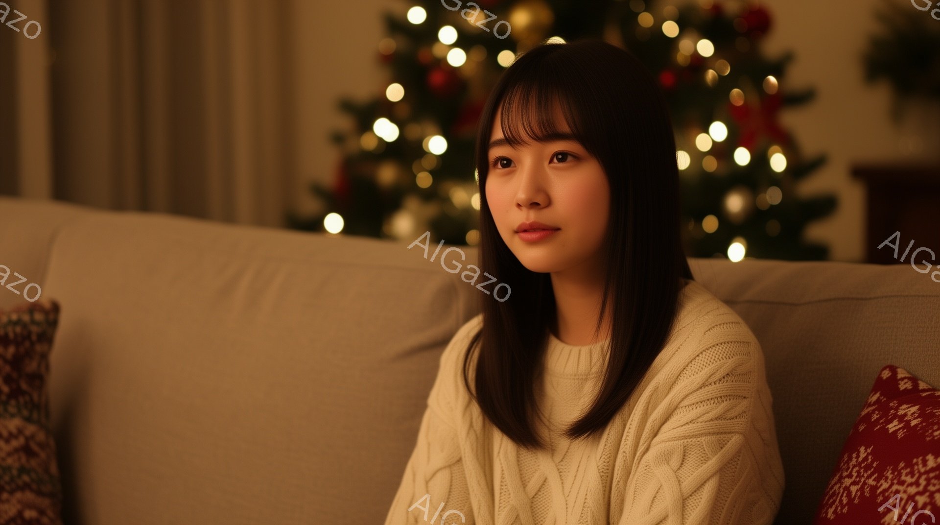 長い黒髪の女性が、オフホワイトのケーブルニットセーターを着てソファに座っています。彼女は少し物憂げな表情で、何か考え込んでいるようです。背景には、ぼやけたクリスマスツリーとホリデーデコレーションが見え、暖かく穏やかな雰囲気が漂っています。