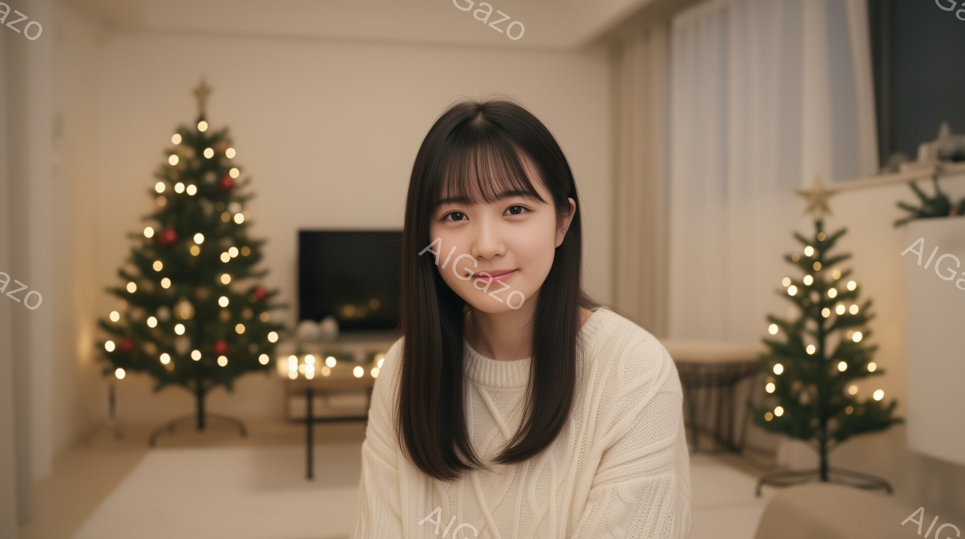 画像は、明るい室内で、前髪を揃えたロングヘアの若い女性が写っています。彼女は白いセーターを着ており、穏やかな笑顔を浮かべています。背景には、装飾されたクリスマスツリーが2本あり、暖かく居心地の良い雰囲気が漂っています。