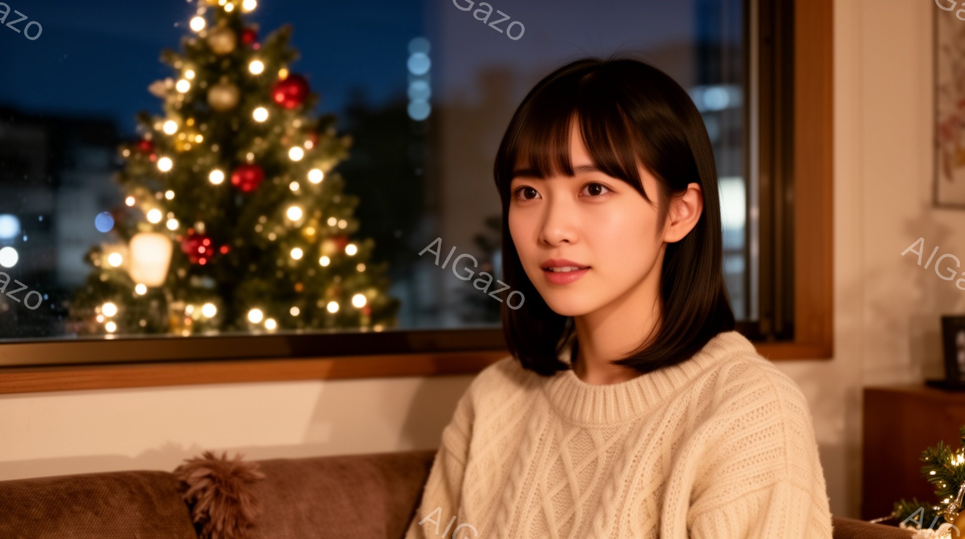 ショートヘアの女性が、クリーム色のケーブルニットセーターを着てソファに座っています。彼女は穏やかな微笑みを浮かべ、視線は正面に固定されています。背景には、クリスマスツリーの温かい光が広がり、窓の外には - AI生成フリー素材