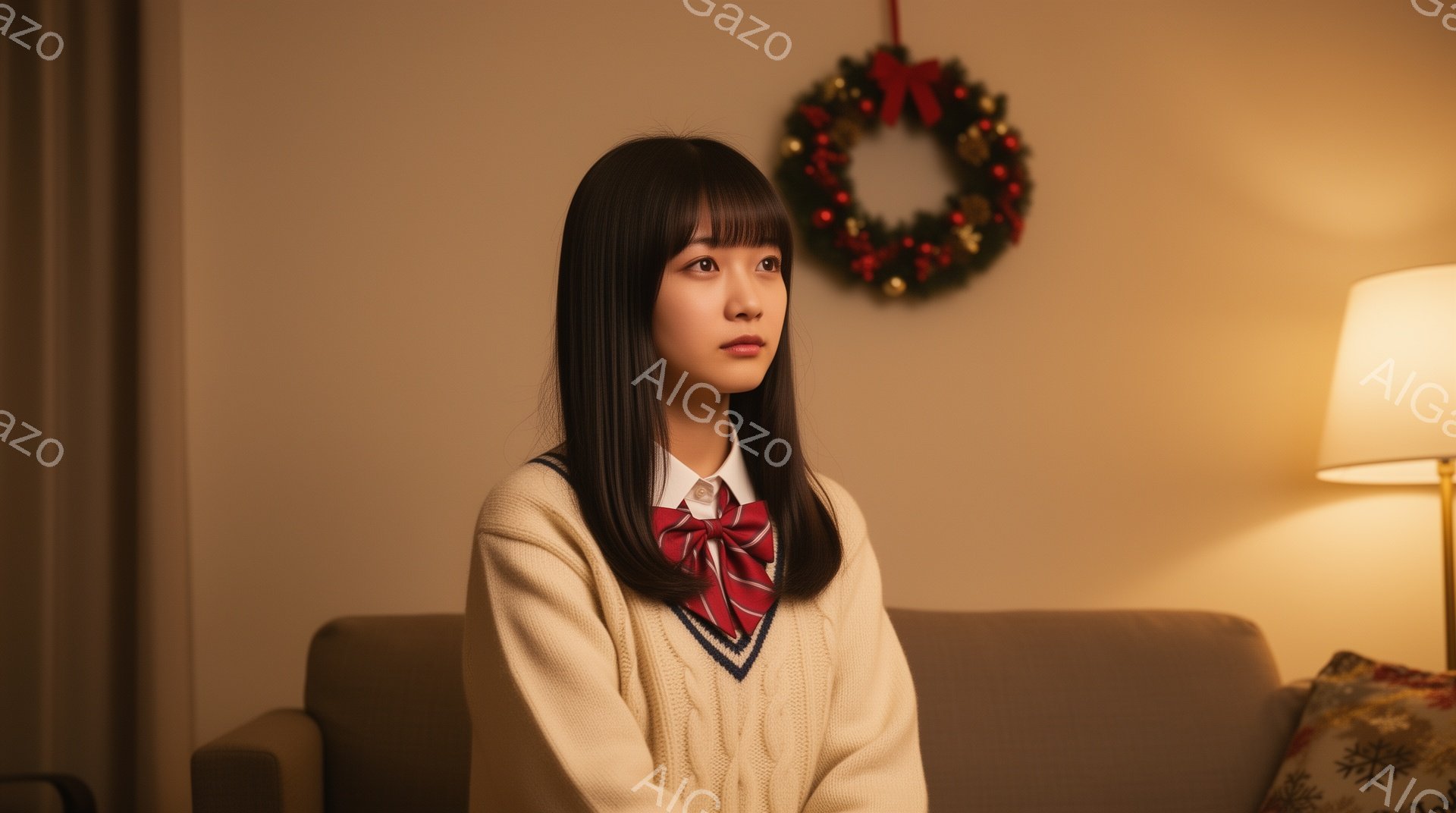 若い女性がソファーに座っており、ベージュのニットセーターに赤いネクタイと白いシャツを着ています。彼女は前髪を下ろした黒髪で、少し物憂げな表情をしています。背景にはクリスマスリースが飾られ、暖色系の照明が部屋全体を柔らかく照らしており、落ち着いた家庭的な雰囲気が漂います。
