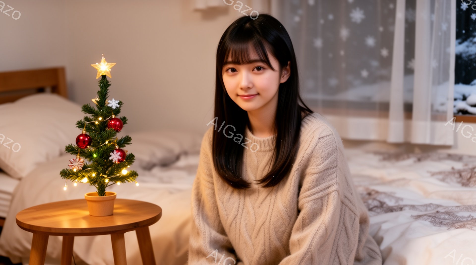 長い黒髪で前髪を作った女性が、クリーム色のケーブルニットセーターを着て微笑んでいます。彼女はベッドに座り、小さなクリスマスツリーが置かれた丸い木製のテーブルのそばにいます。窓からは雪が舞う冬景色が見え、暖かく穏やかな雰囲気が漂っています。