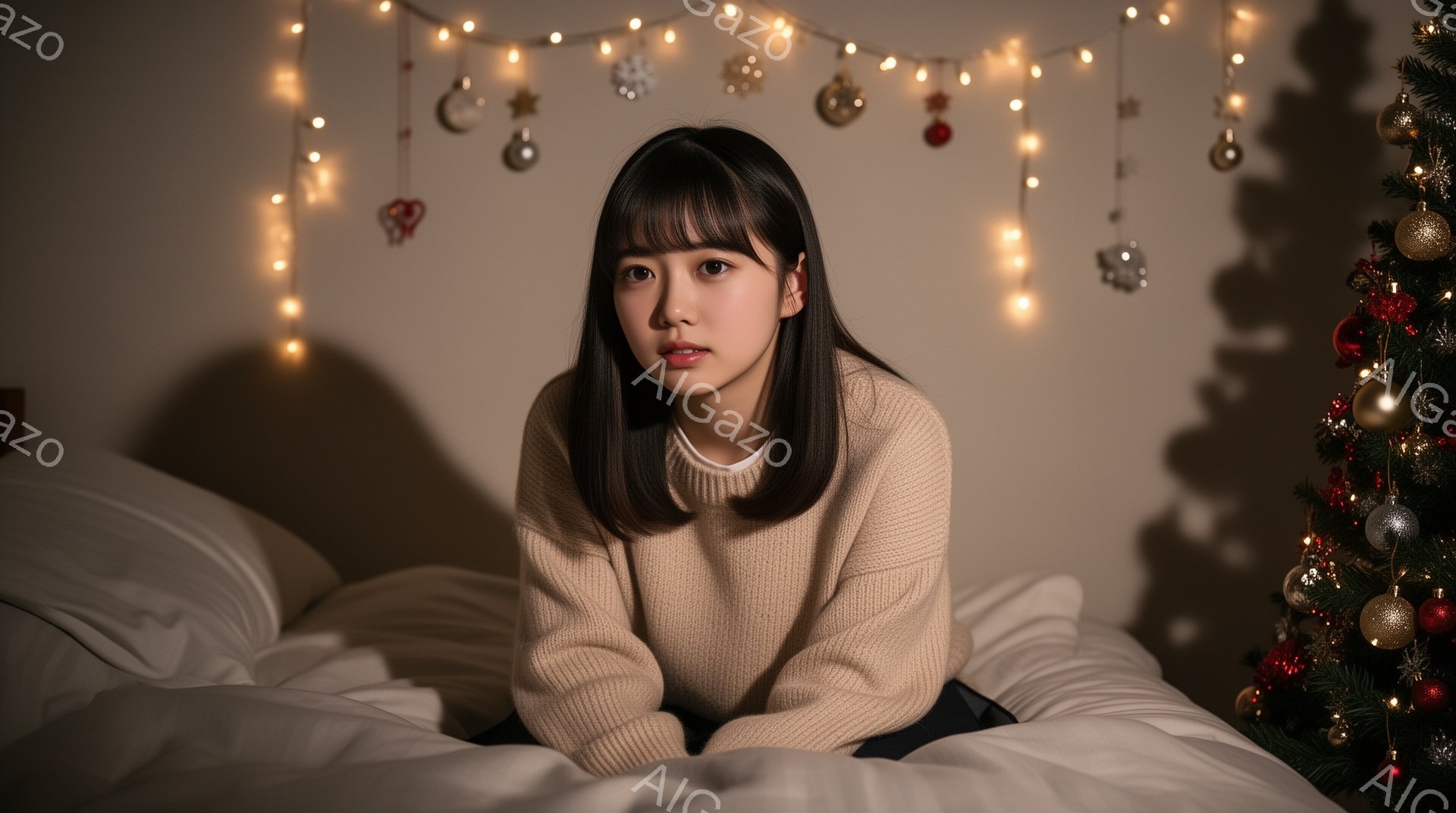 画像は、ベージュ色のニットを着た若い女性が白いベッドに座っている様子を捉えています。彼女は前髪のあるストレートの黒髪で、少し憂いを帯びた表情をしています。背景には、クリスマスツリーと点灯したクリスマスライトがあり、温かく穏やかな冬の雰囲気を醸し出しています。