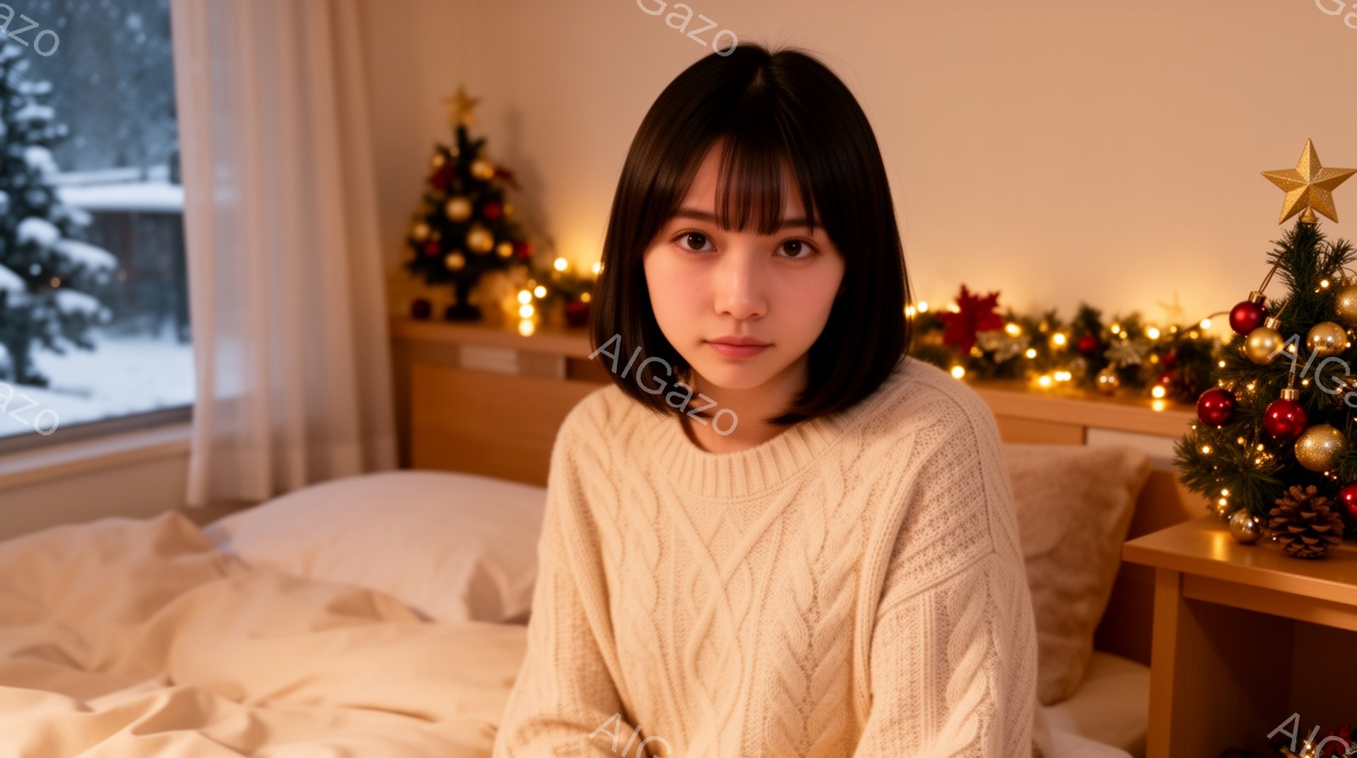 部屋のベッドに座っている女性は、オフホワイトのケーブルニットセーターを着ており、前髪のあるダークブラウンのショートヘアです。彼女は穏やかな表情でカメラを見つめており、全体的に暖かく柔らかな雰囲気が漂っ - AI生成フリー素材