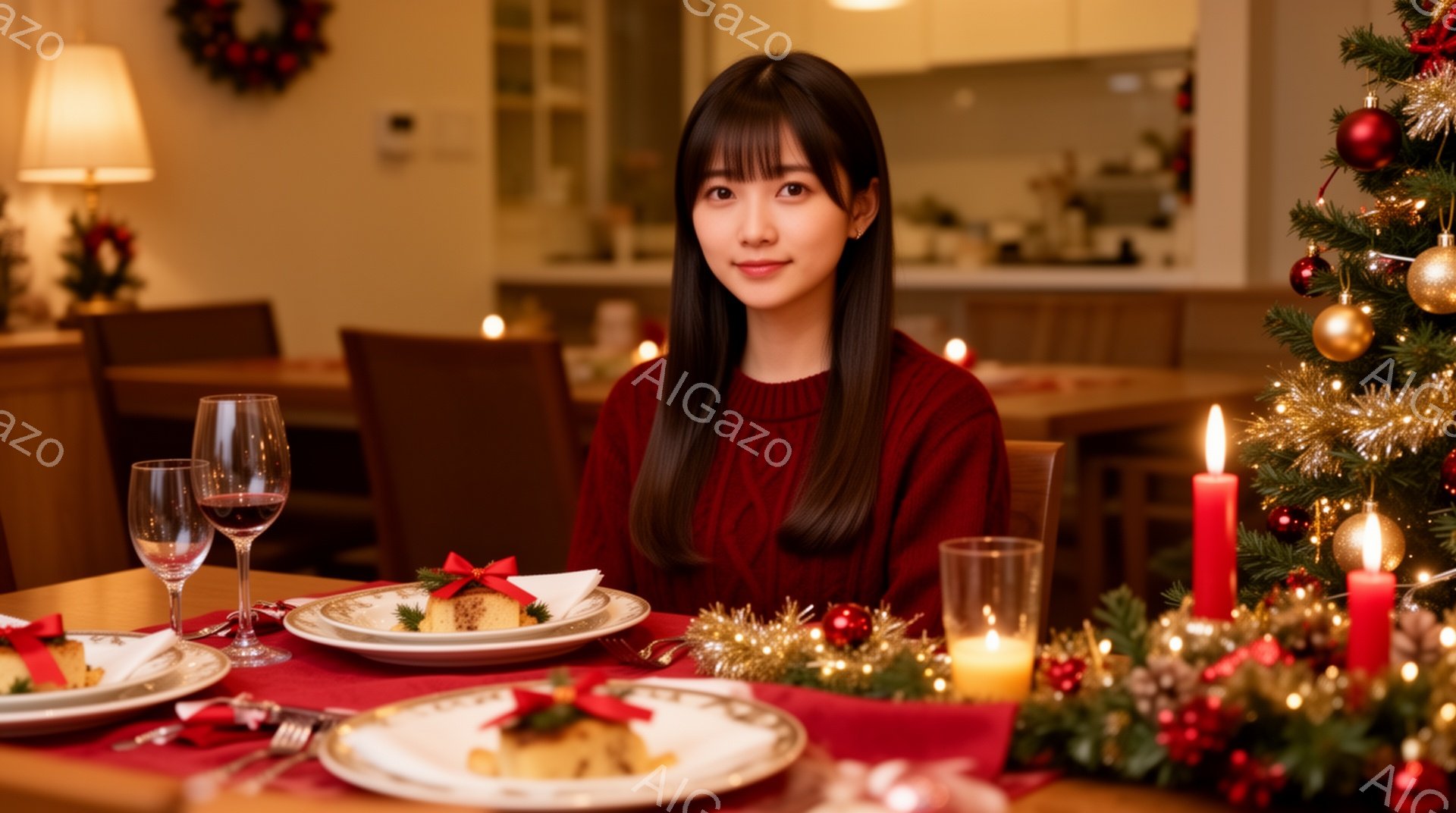 赤いケーブルニットのセーターを着た女性が、クリスマスの食卓を背景に微笑んでいます。彼女はストレートの黒髪で、前髪が目にかかるヘアスタイルで、優しげな表情を浮かべています。テーブルにはクリスマスツリー、キャンドル、赤色のテーブルクロス、そして飾られた料理が並び、温かく華やかなクリスマスの雰囲気が漂っています。