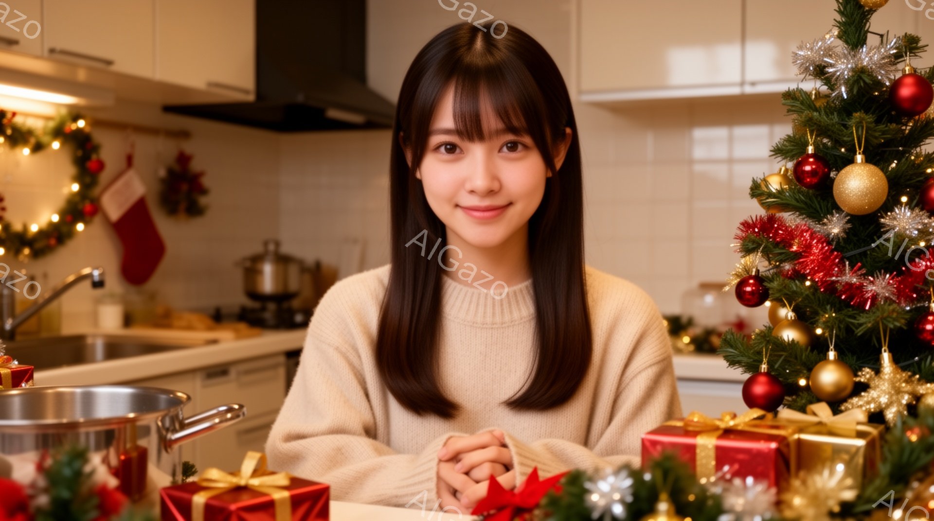 長い黒髪で、優しい笑顔を浮かべた女性が写っている。ベージュ色のセーターを着ており、両手を合わせて祈るようなポーズをとっている。背景にはクリスマスツリーやプレゼントボックス、キッチンがあり、暖かくお祝いムードに満ちた雰囲気である。