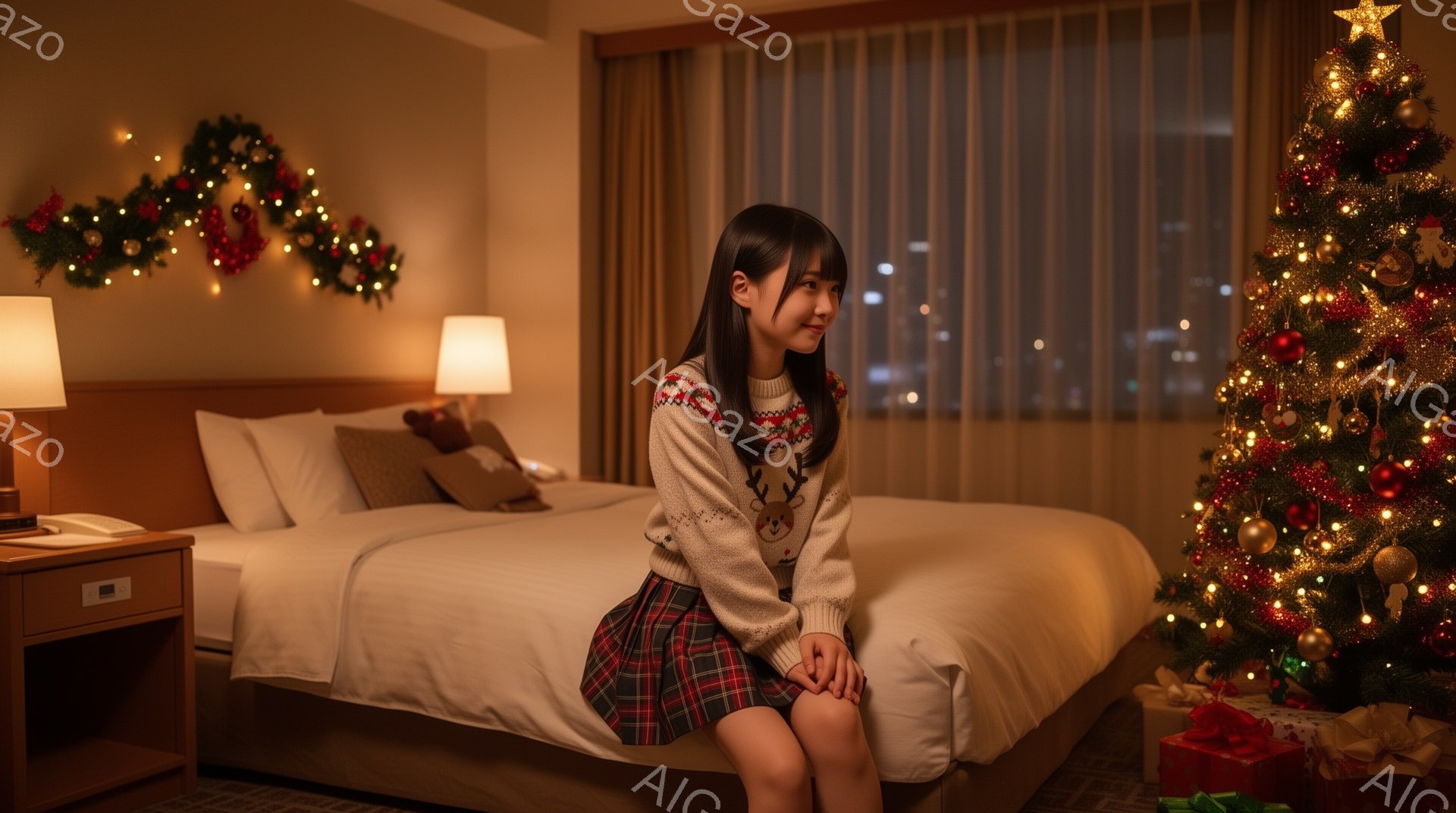 ベッドサイドに座る若い女性は、赤い格子柄のスカートと、トナカイ柄のセーターを着ています。彼女は少し微笑み、窓の外の夜景を眺めています。背景にはクリスマスツリーと飾り付けがあり、暖かい雰囲気の部屋の中で、冬の夜の静けさが感じられます。