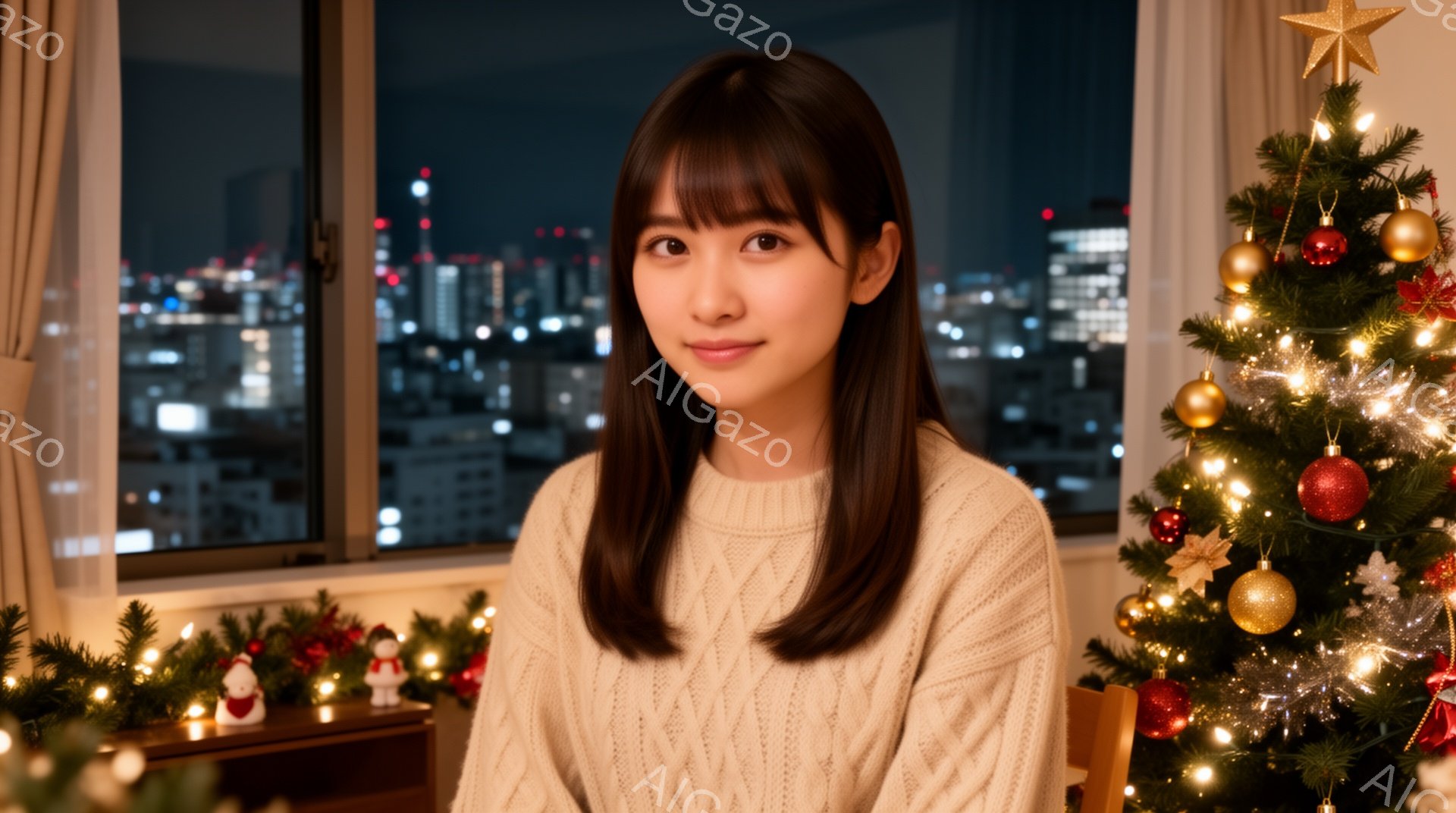 画像には、窓の前に立つ若い女性が写っています。彼女はクリーム色のセーターを着ており、長くストレートな黒髪は肩にかかっています。背景にはクリスマスツリーが飾られ、夜景が広がる都市の景色が見えます。