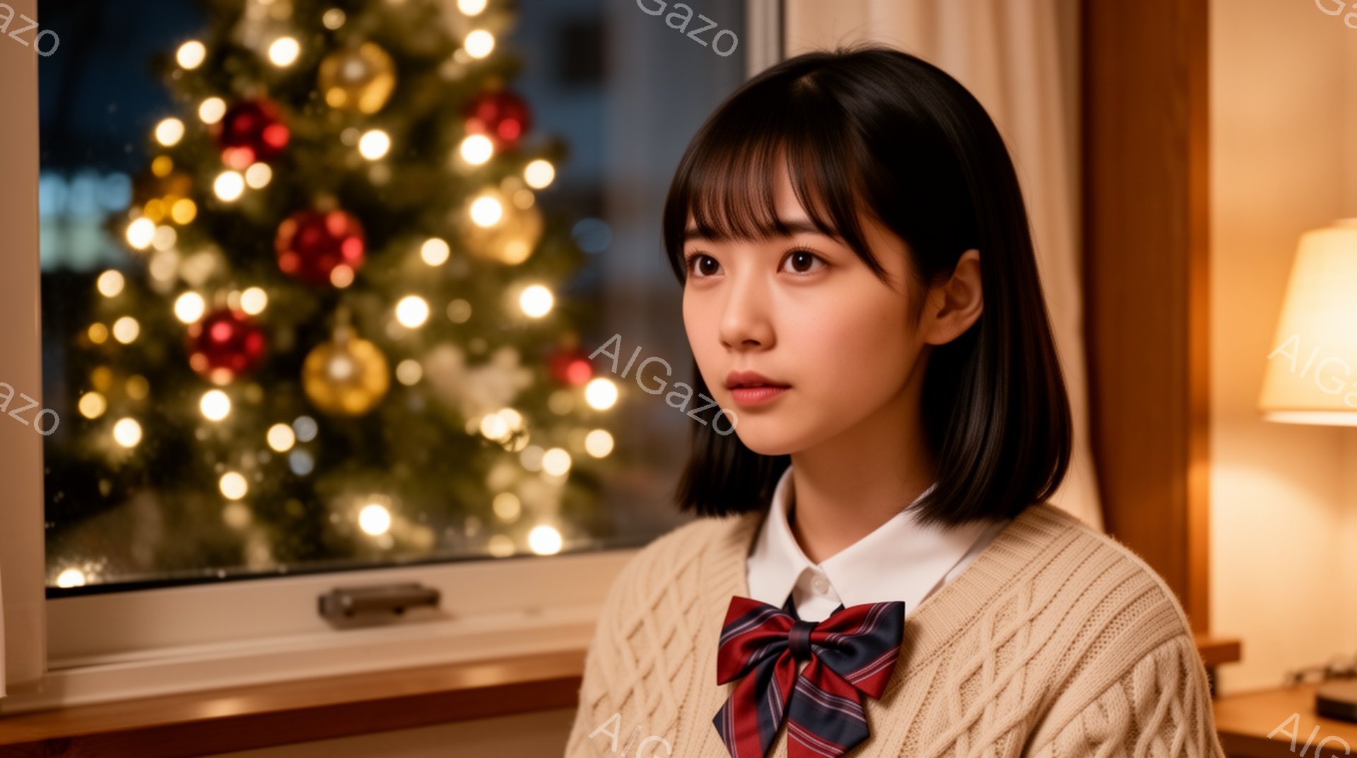 黒髪のボブヘアで、前髪を下ろした若い女性が写っています。白いシャツにベージュのニット、チェック柄のリボンを締めた制服を着て、少し物憂げな表情でどこかを見つめています。背景には、窓から見えるクリスマスツ - AI生成フリー素材