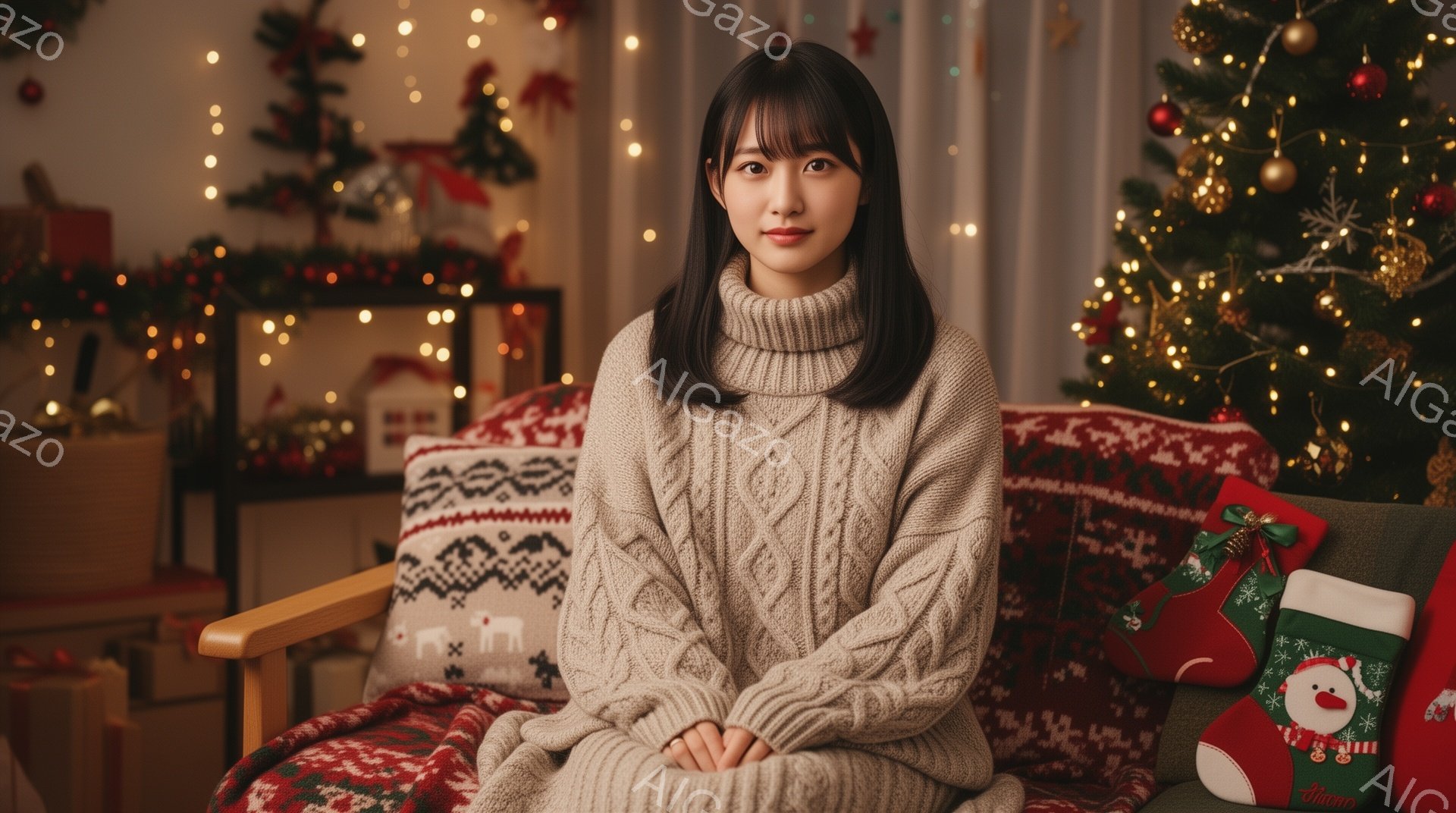 彼女はケーブル編みのセーターを着て、肩まで伸びたダークブラウンの髪をしています。彼女は赤い背景とクリスマスツリーの前に座り、穏やかな笑顔を浮かべています。背景には、クリスマスソックスや飾り付けられたクリスマスツリーがあり、暖かく居心地の良い雰囲気を作り出しています。