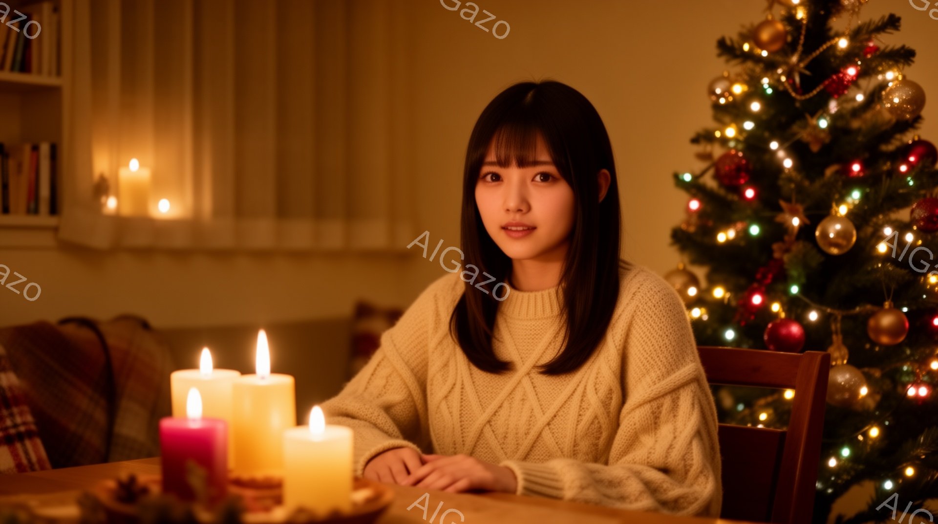 明るい茶色のセーターを着た若い女性が、クリスマスの飾り付けられたクリスマスツリーを背景に座っています。彼女は肩までの長さの茶髪で、穏やかな微笑みを浮かべています。テーブルの上には複数の火のついたキャン - AI生成フリー素材