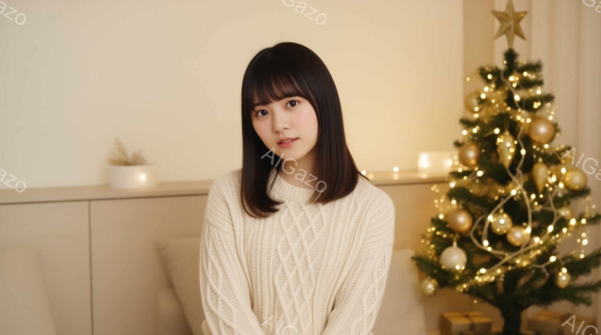 画像には、茶髪のボブヘアで前髪が眉毛にかかる女性が写っています。白いケーブルニットのセーターを着ており、表情は穏やかで少し微笑んでいます。背景には、飾られたクリスマスツリーとギフトボックスが見え、温かく心地よい雰囲気が漂っています。