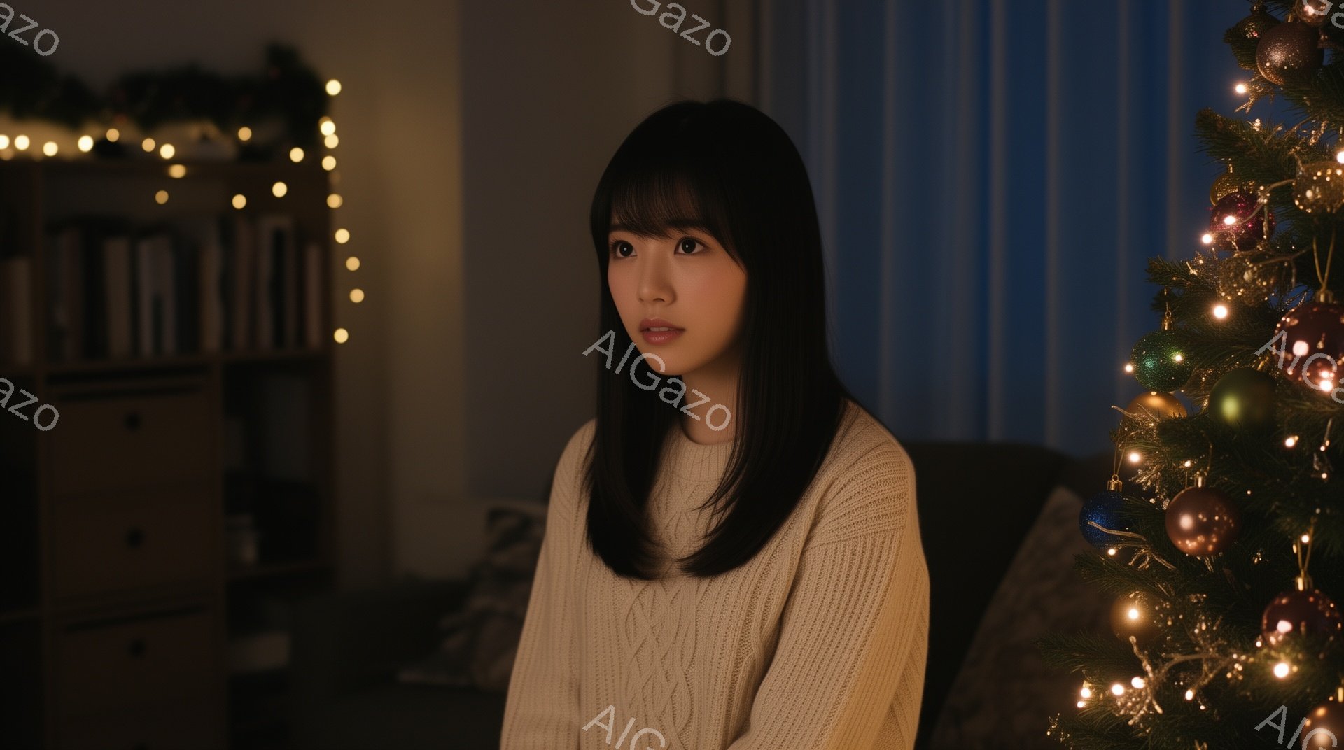 長い黒髪で前髪ぱっつんの女性が、オフホワイトのケーブルニットセーターを着ています。彼女はわずかに横を向き、少し憂いを含んだ表情で遠くを見つめています。背景にはクリスマスツリーの光が輝き、部屋の奥には本棚が見え、冬の夜の静かで暖かい雰囲気が漂っています。