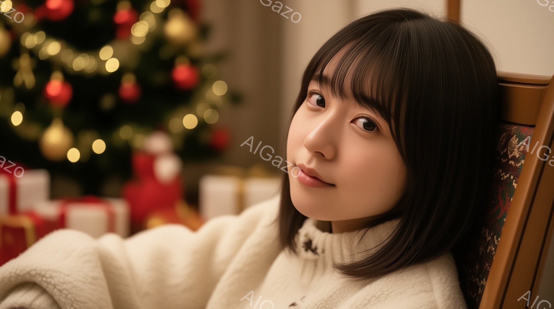 画像は、クリスマスの飾り付けがされた背景をぼかした中で、若い女性がリラックスしたポーズをとっている様子を示しています。彼女は白いニットセーターを着て、前髪を下ろしたショートヘアで、わずかに微笑んでいます。彼女は椅子にもたれており、優しく穏やかな雰囲気を醸し出しています。