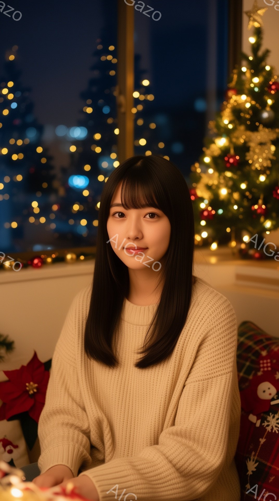 長い黒髪で、前髪が眉毛にかかる女性が、オフホワイトのニットセーターを着ています。彼女はわずかに微笑んでおり、背景にはクリスマスツリーの光と、ぼやけた都市の夜景が見えます。全体的に温かく、穏やかなクリスマスの雰囲気が漂っています。