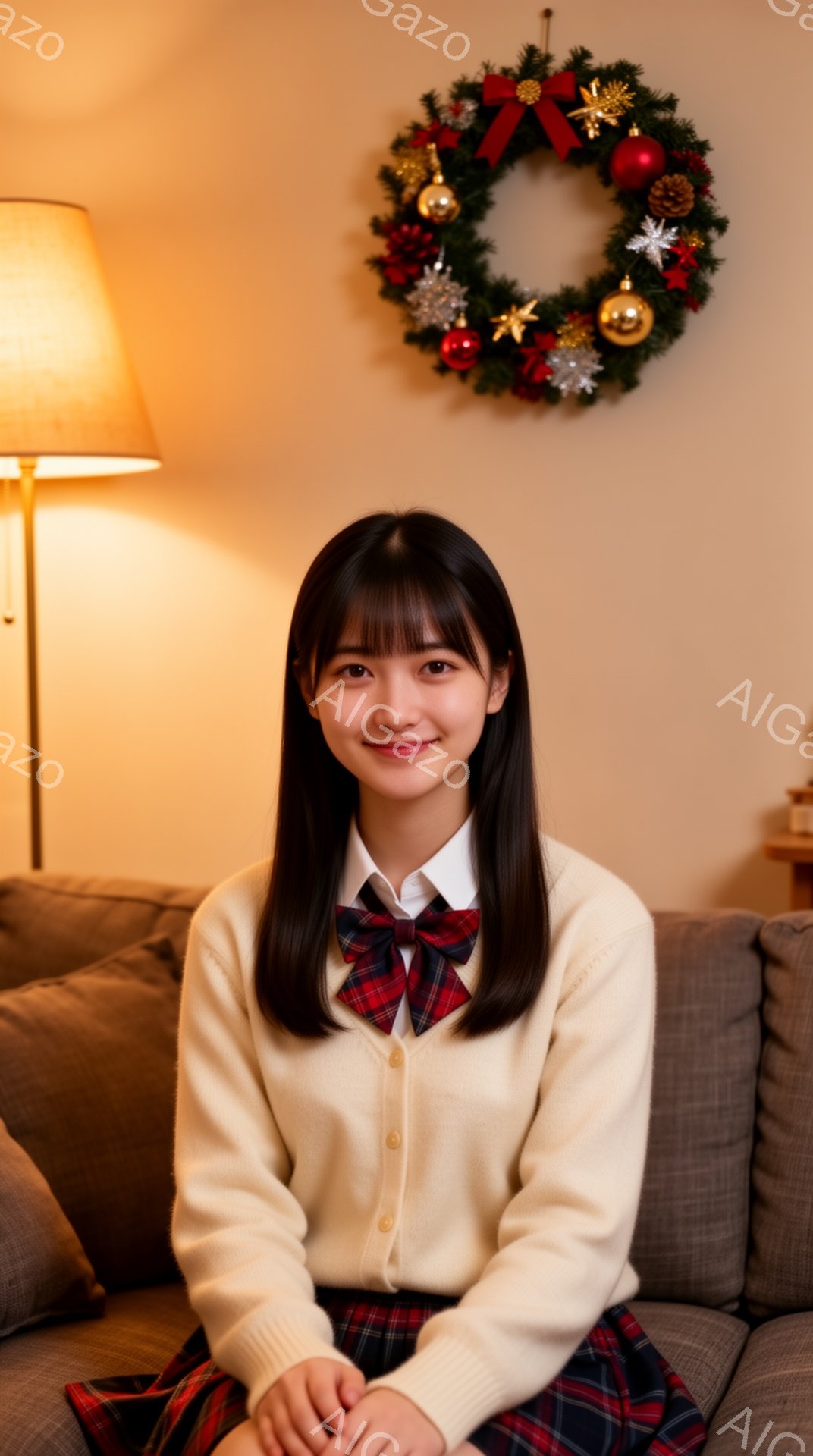 画像は、ベージュのカーディガンとチェックのスカートを身につけた若い女性が、ソファに座って微笑んでいる様子を捉えています。彼女は黒髪で、前髪は少し長めで、顔全体に柔らかい印象を与えています。背景にはクリスマスリースが飾られており、温かく、家庭的な雰囲気を醸し出しています。