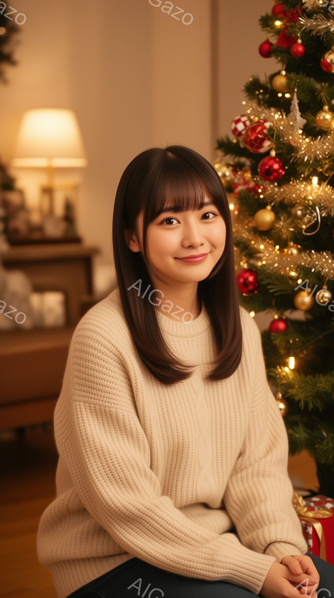 若い女性がクリスマスツリーの前で微笑んでいます。ベージュのざっくりとしたセーターを着ており、前髪が目にかかるストレートヘアです。背景には暖色のライトに照らされたクリスマスツリーと、ぼんやりと見える家具があり、全体的に温かく穏やかな雰囲気です。