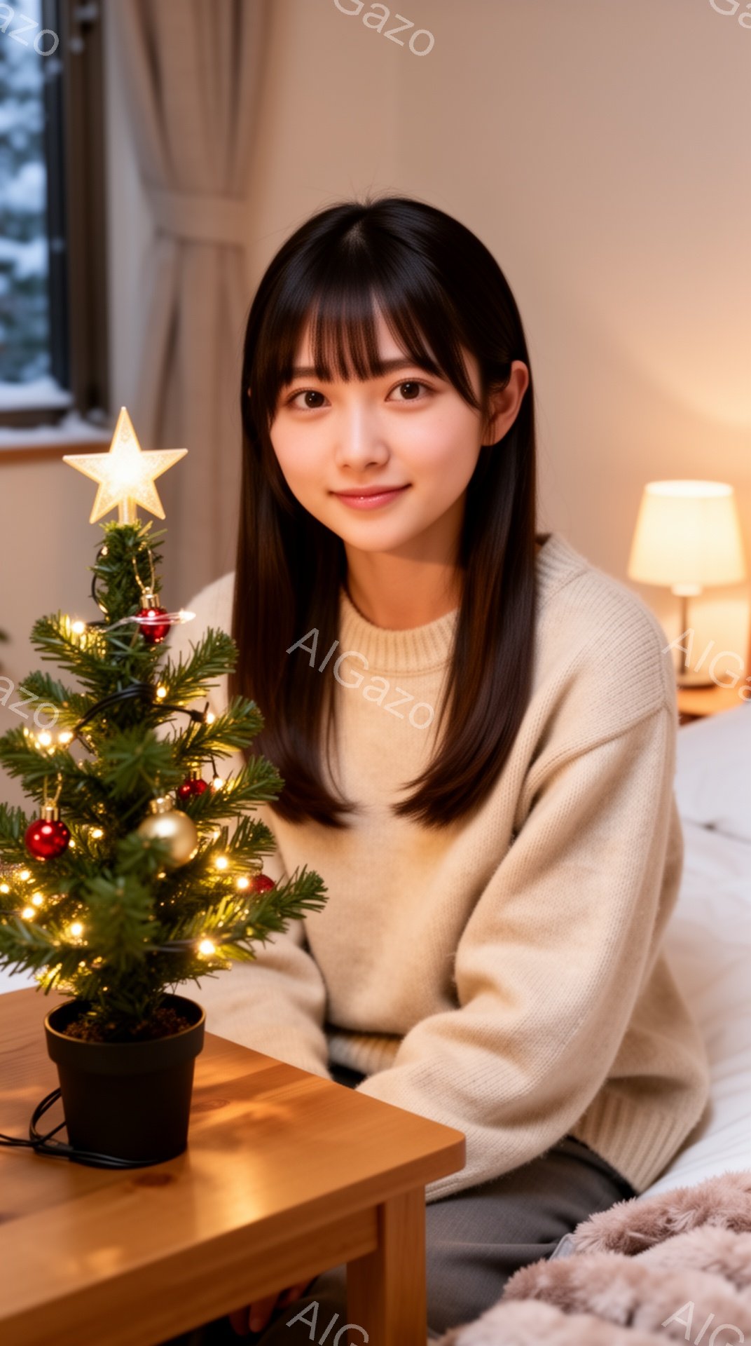 彼女はベージュのセーターを着て、長い黒髪を肩まで伸ばしています。穏やかな笑顔でカメラを見つめ、リラックスした姿勢で座っています。背景にはクリスマスツリーと暖色のランプが見え、温かく落ち着いた雰囲気が漂 - AI生成フリー素材