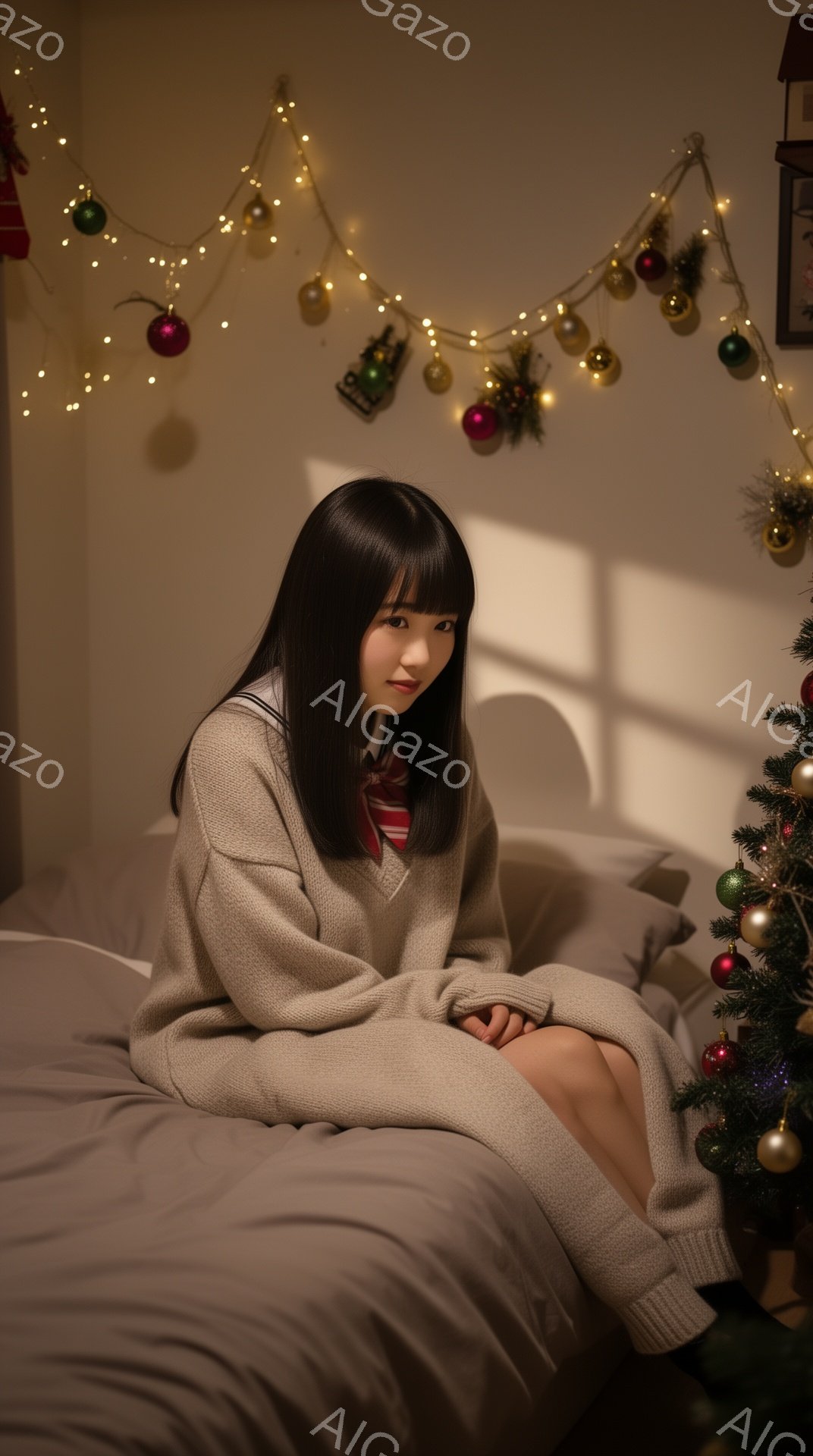 長い黒髪の女性が、ベージュ色のゆったりとしたセーターとチェックのスカート姿でベッドに座っています。彼女は少し憂いのある表情で、カメラの方を見ています。背景には、クリスマスツリーと光る飾りがあり、暖かく、居心地の良い雰囲気が漂っています。