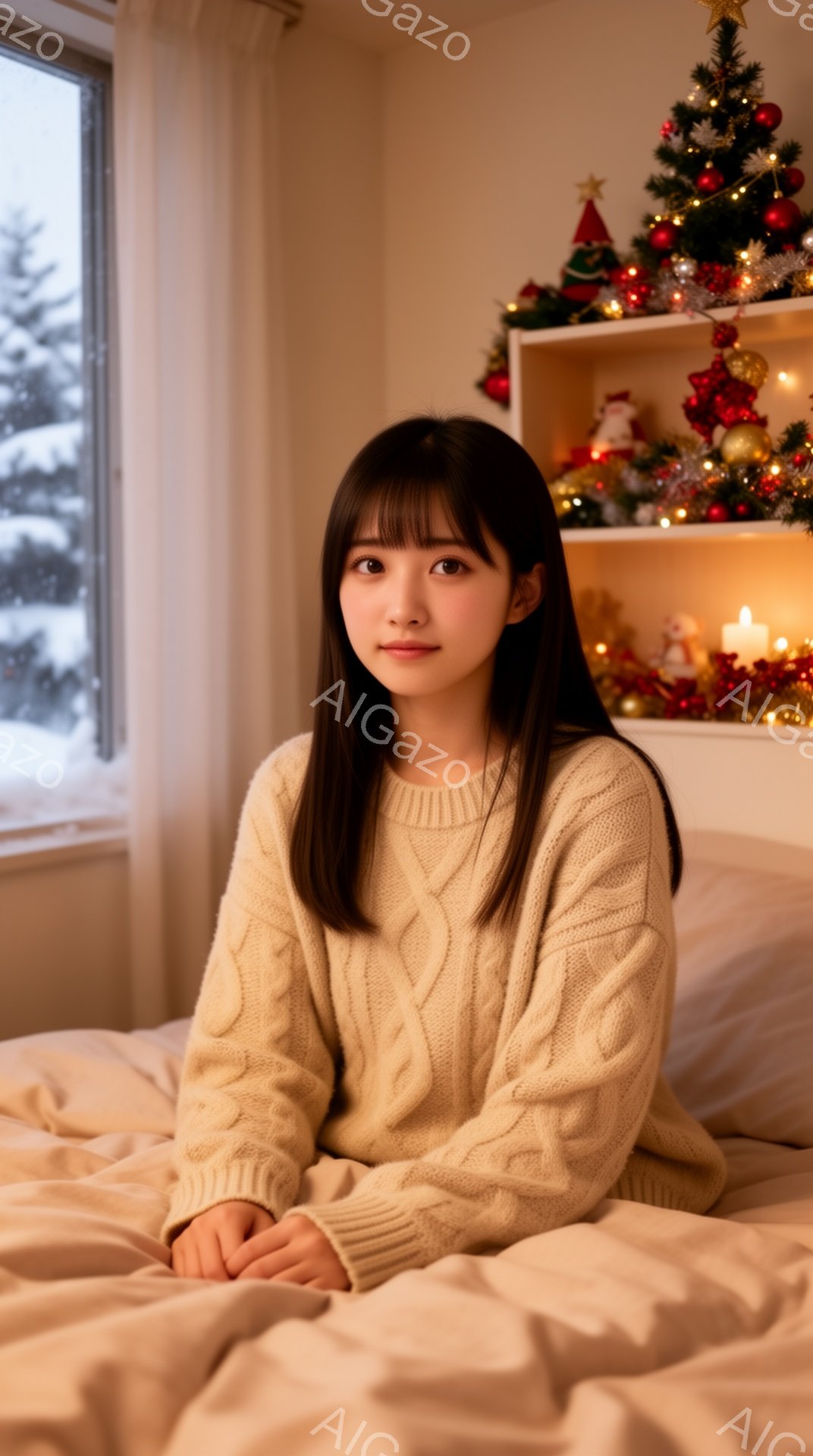 長い黒髪で前髪のある若い女性が、クリーム色のケーブルニットセーターを着て、ベッドの上に座っています。彼女は穏やかな表情で、少し微笑んでいます。背景には、クリスマスツリーやオーナメントで飾られた棚があり、窓の外には雪景色が見えます。