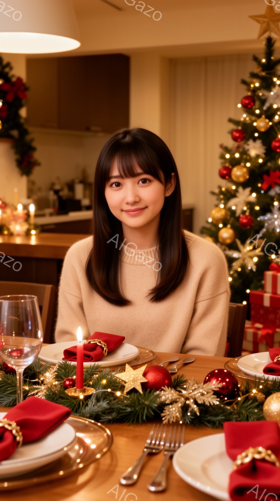 長い黒髪の女性が、ベージュ色のセーターを着て、テーブルを囲んで座っています。彼女は微笑んでおり、リラックスした表情をしています。背景には、クリスマスツリーやキャンドルが飾られた温かく華やかなダイニングルームが広がっており、ホリデーシーズンを思わせる雰囲気が漂っています。