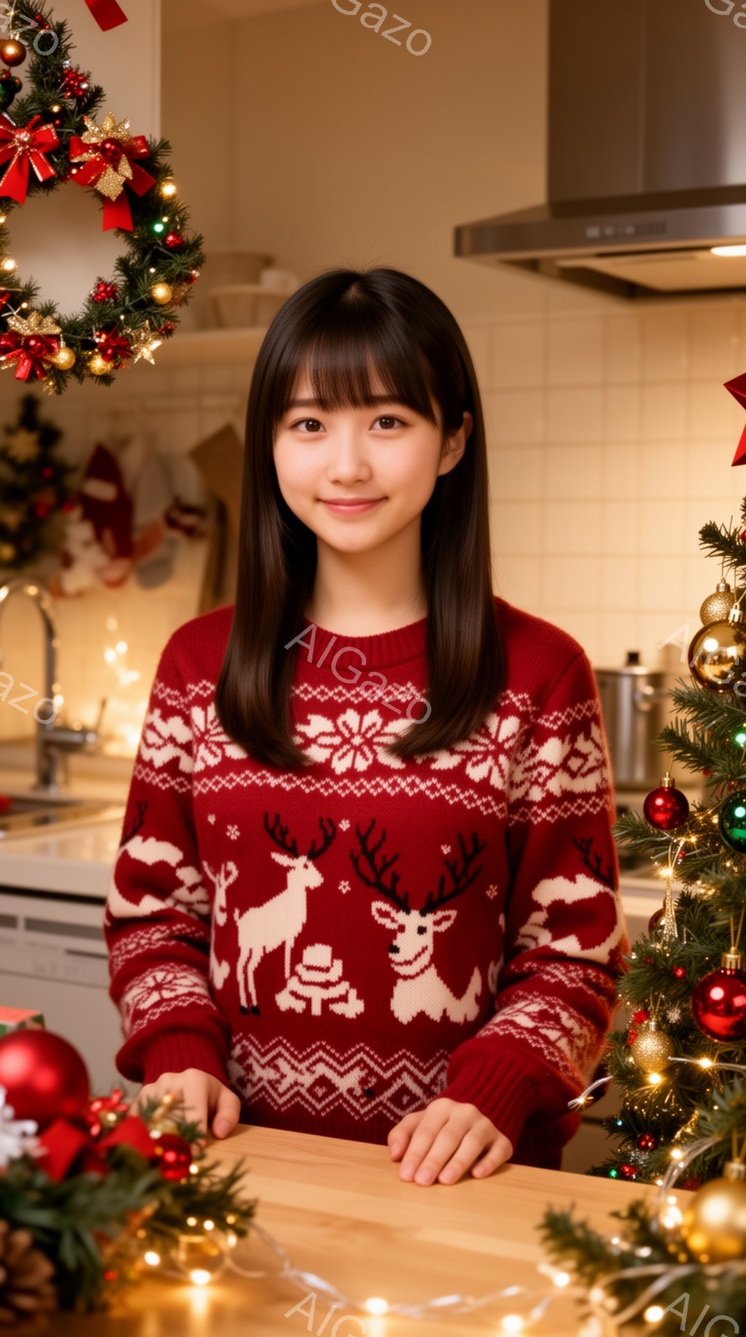 彼女は赤いトナカイ柄のセーターを着ており、長い黒髪は肩にかかっています。笑顔でカメラに向かっており、少しだけ前かがみの姿勢でカウンターに手を置いています。背景にはクリスマスツリーや飾り、キッチンがあり、暖かくお祝いの雰囲気です。