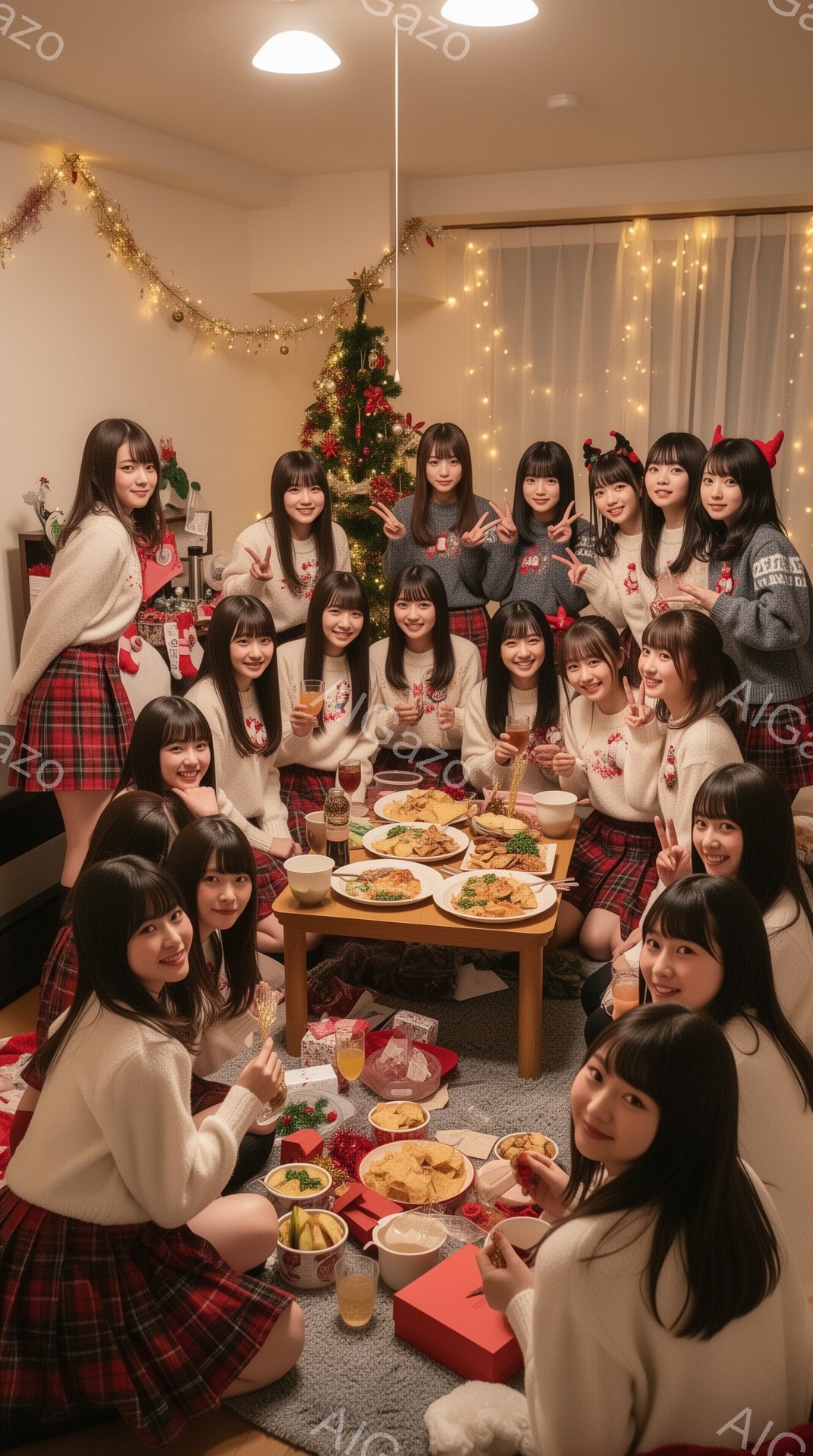 多くの若い女性たちが、クリスマスツリーを背景に床に座って食事を楽しんでいる様子が写っています。彼女たちはチェック柄のスカートと白いセーターを着ており、頭には角のような飾りをつけています。楽しそうな笑顔とポーズで、明るく温かい雰囲気が伝わってきます。