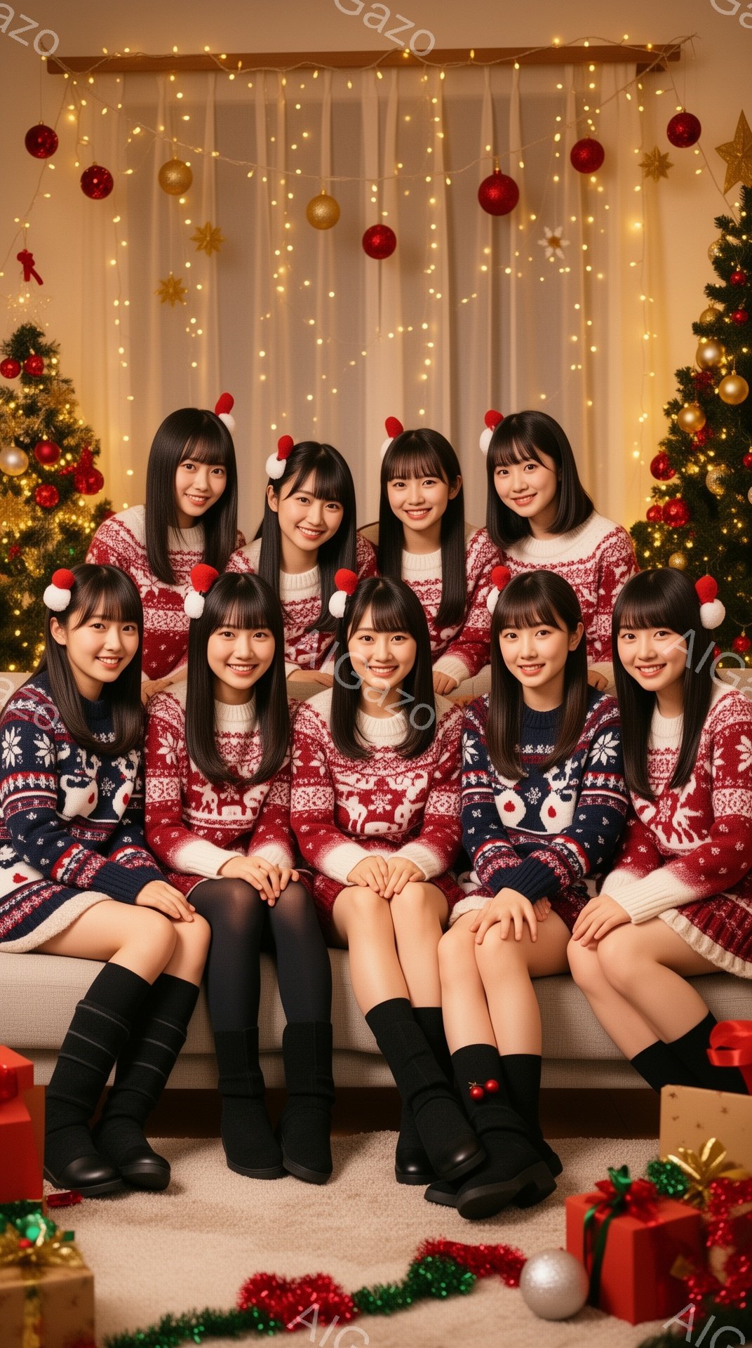 9人の女性がクリスマスをテーマにした赤いセーターと黒いミニスカート、ニーハイソックス、黒いブーツを身に着けて、ソファーに並んで座っています。彼女たちは皆、赤いサンタ帽をかぶり、笑顔でカメラを見つめています。背景にはクリスマスツリーやプレゼント、そして光るイルミネーションがあり、温かく華やかなクリスマスの雰囲気を醸し出しています。