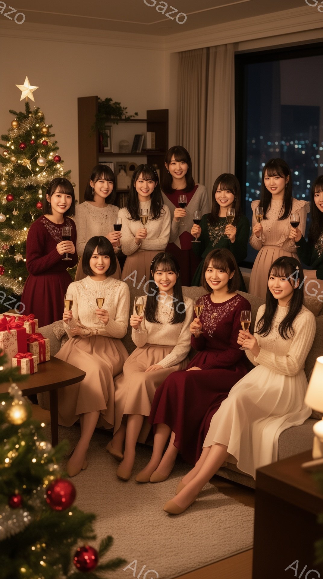 室内にはクリスマスツリーが飾られ、豪華なプレゼントが置かれています。若い女性たちがドレスアップし、シャンパングラスを持って笑顔で集まっています。背景には夜景が広がり、暖かく華やかなパーティーの雰囲気が - AI生成フリー素材
