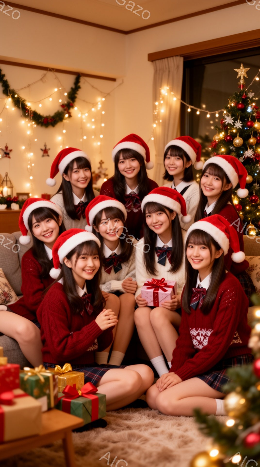 複数の女子高生がクリスマスを祝っている様子が描かれています。彼女たちは皆、白いサンタの帽子と紺色のスカート、赤いセーターの制服を着ており、明るい笑顔を見せています。背景にはクリスマスツリーが飾られ、プレゼントやイルミネーションが暖かく、楽しい雰囲気を演出しています。