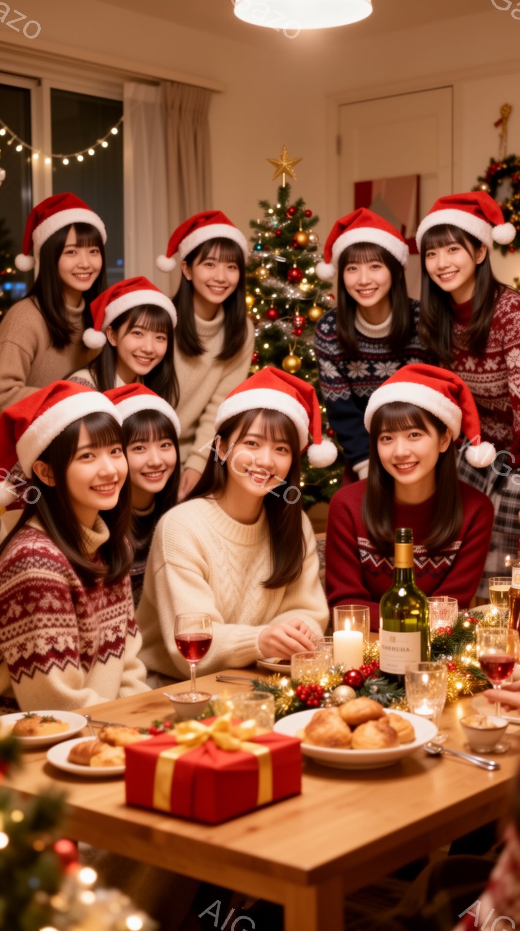 複数の女性がクリスマスパーティーを楽しんでいる様子が写っています。皆、サンタの帽子をかぶり、笑顔でカメラに向かってポーズをとっており、暖炉とクリスマスツリーが飾られた室内で、ワイングラスや食べ物が並んだ食卓を囲んでいます。全体的に温かく、幸せな雰囲気が伝わってきます。
