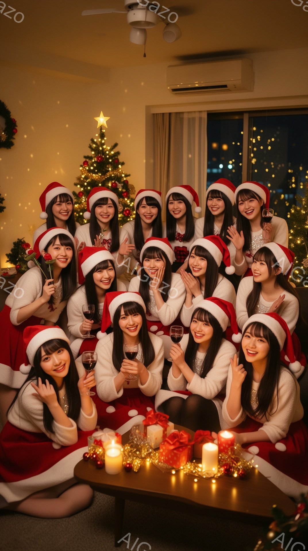 複数の若い女性たちがクリスマスを祝う写真です。皆赤いサンタの帽子を被り、白いセーターと赤いスカートを着用しており、ワイングラスを持って楽しそうに微笑んでいます。背景にはクリスマスツリーと飾り付けがされ、窓の外には夜景が広がっており、温かく幸せな雰囲気が漂っています。