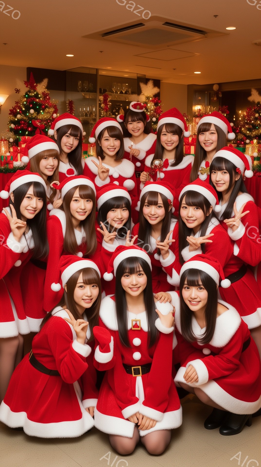 画像には、サンタクロースの衣装を着た若い女性たちが写っています。彼女たちは皆、赤いドレスと白いトリミングの帽子を身に着け、笑顔でポーズを取っており、何人かはVサインをしています。背景には、クリスマスツリーや装飾が施された室内空間が見え、華やかで祝祭的な雰囲気が漂っています。
