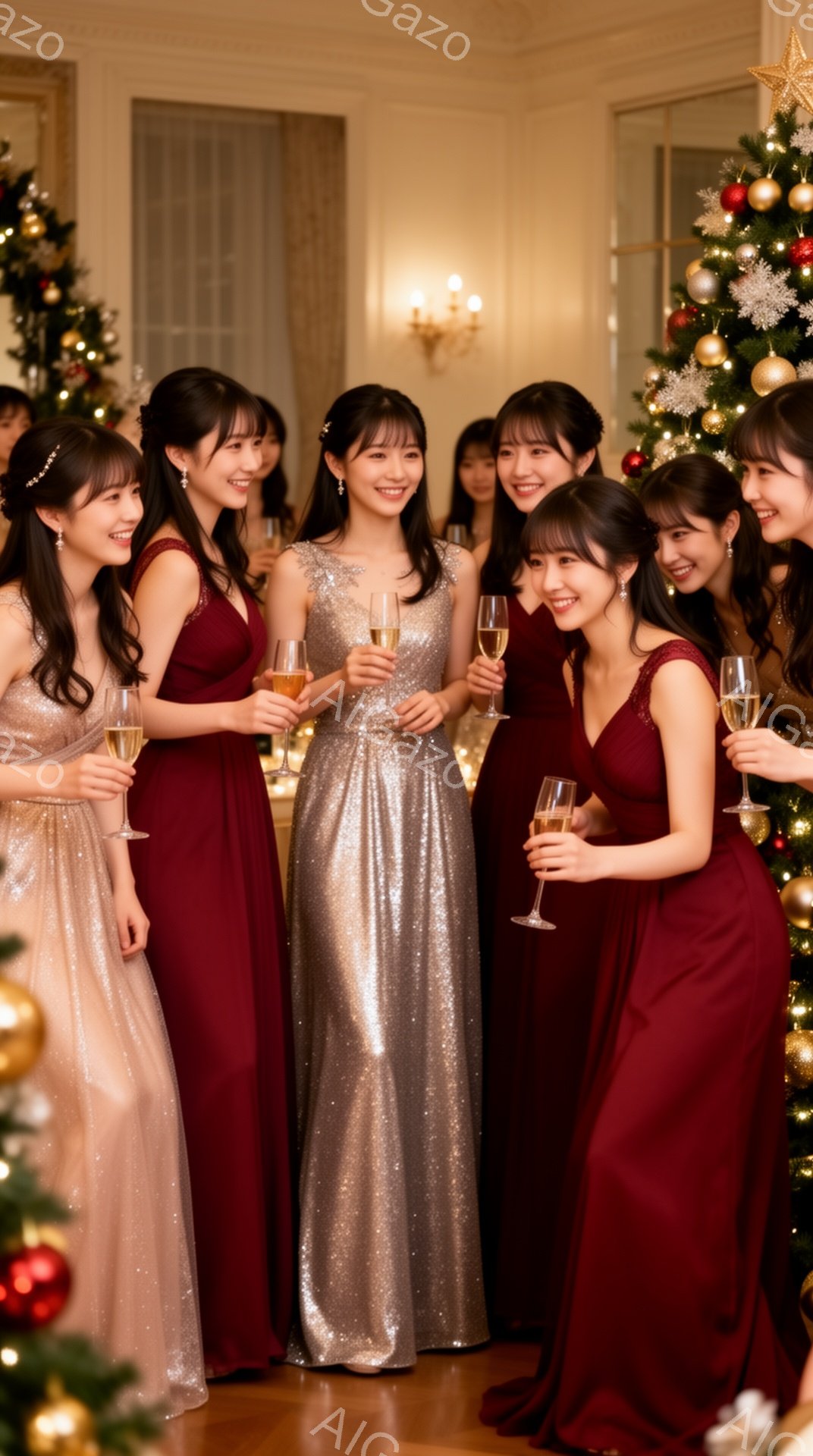 クリスマスツリーを背景に、華やかなロングドレスを着た女性たちが集まっています。彼女たちはシャンパングラスを持ち、笑顔で楽しんでいる様子で、特に中央の女性は金色のドレスで目立っています。部屋は暖色系の照明で照らされ、お祝いの雰囲気が漂っています。