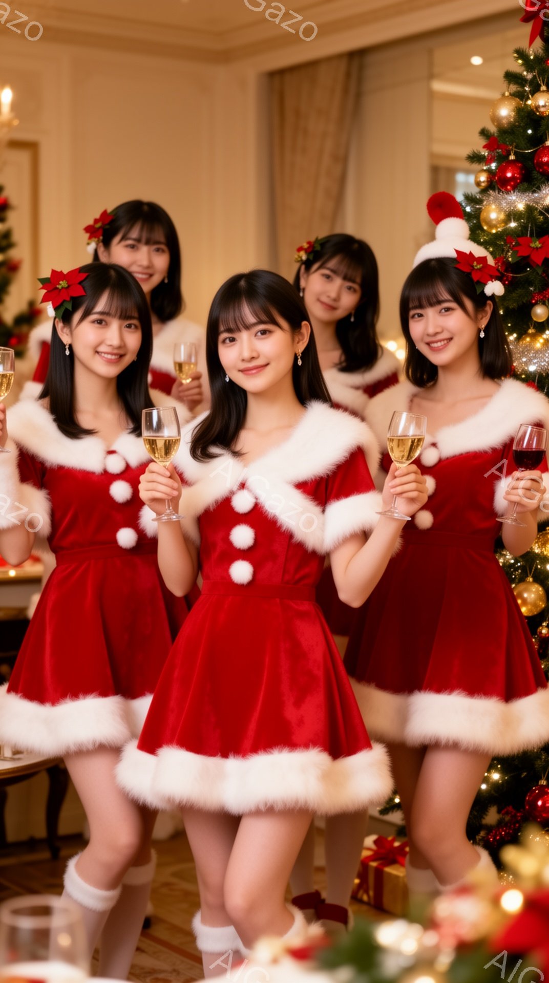 4人の女性がクリスマスを祝う写真です。彼女たちは赤いサンタクロースの衣装を着て、白い毛皮の縁取りと白い靴下を履いています。それぞれがシャンパンのようなグラスを持ち、笑顔でカメラに向かってポーズをとっており、背景にはクリスマスツリーとプレゼントの箱が見えます。