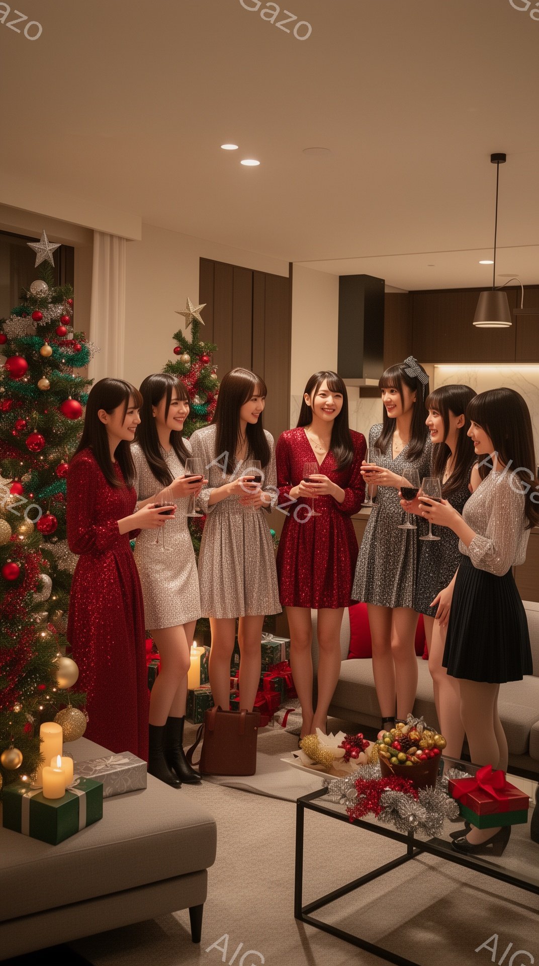クリスマスツリーを背景に、6人の女性がワイングラスを持って楽しそうに集まっています。女性たちはそれぞれ赤いドレス、グレーのドレス、銀色のドレスなど、華やかなパーティー衣装を身につけ、髪は上品にまとめられています。室内は暖色系の照明で照らされ、プレゼントや装飾品が置かれたテーブルがあり、全体的に温かく、お祝いムードに満ちています。