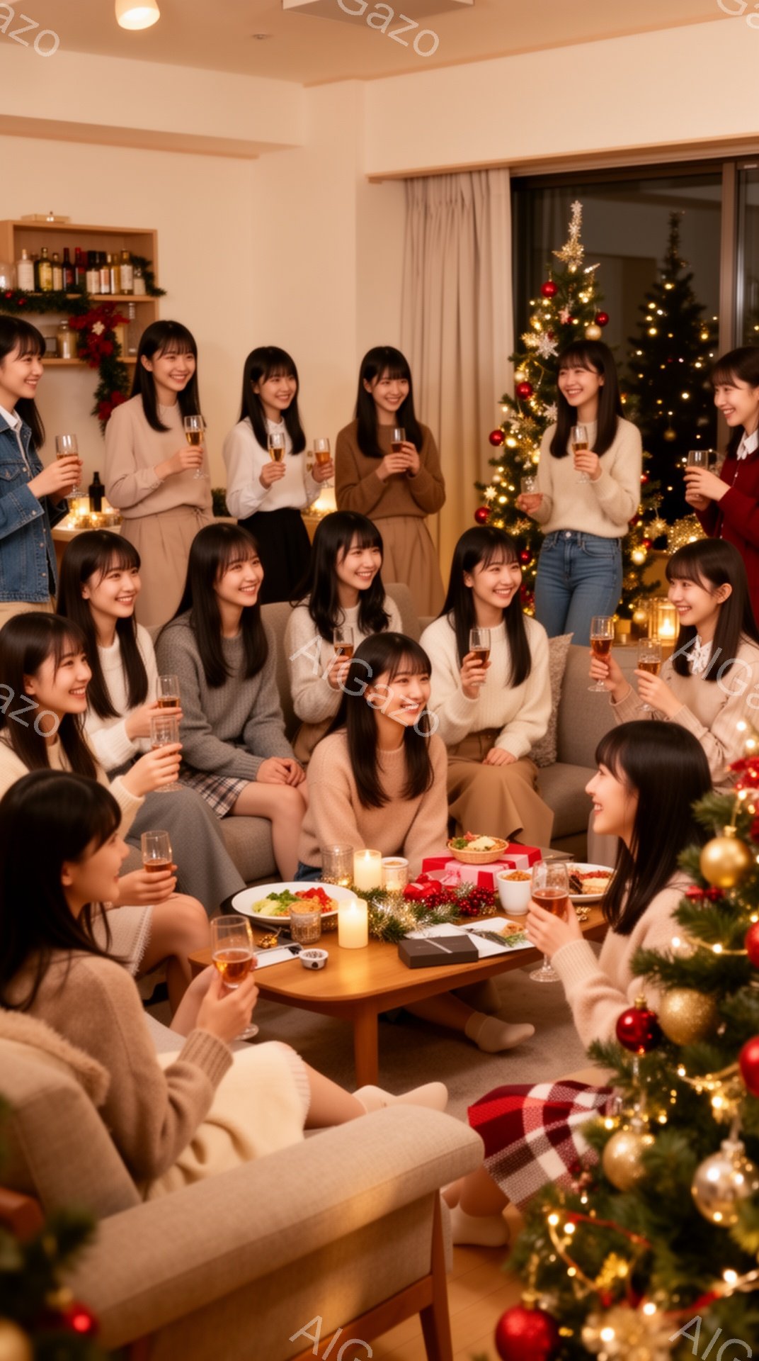 複数の若い女性たちがリビングルームに集まり、クリスマスツリーを背景にシャンパングラスを持って楽しんでいます。彼女たちは明るい色合いのセーターやカジュアルな服装で、笑顔でリラックスした雰囲気です。背景にはクリスマスの飾り付けがあり、室内は温かく、お祝いムードに包まれています。