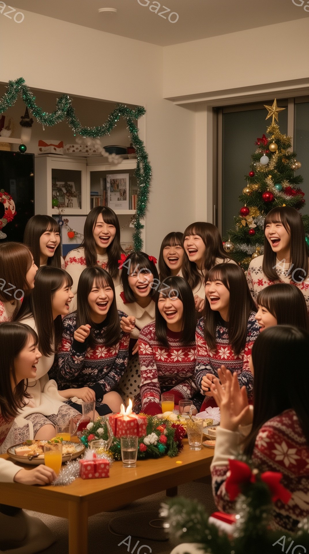 画像には、クリスマスツリーを背景に、テーブルを囲んで笑い合う若い女性たちが写っています。彼女たちは皆、白い肌に黒髪で、赤い模様が入った白いセーターを着ており、その多くが頭に赤いヘアアクセサリーをつけています。室内は暖かく、クリスマス装飾が施されており、楽しげで親密な雰囲気が漂っています。