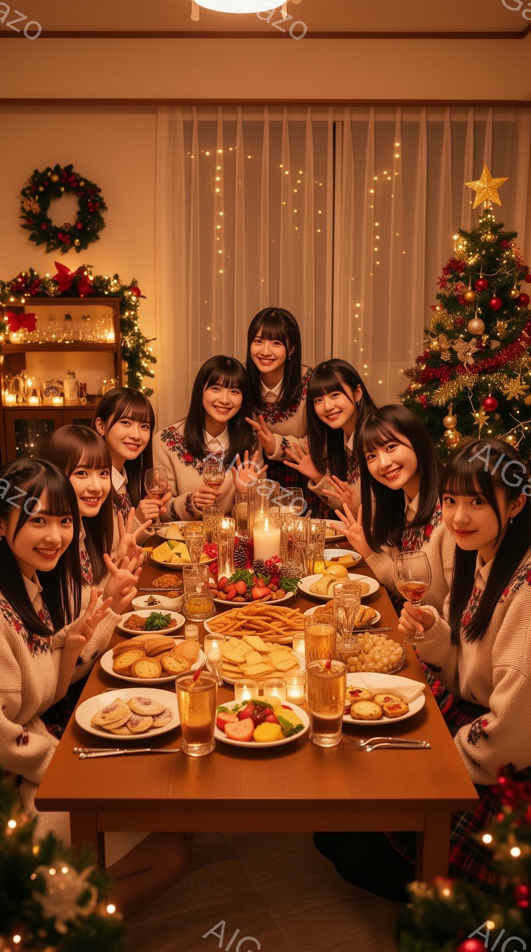 7人の若い女性がクリスマスディナーを楽しんでいます。皆、セーターを着ており、髪は長く、笑顔でワイングラスを持っています。背景にはクリスマスツリーや飾り付けがされ、温かく楽しい雰囲気が漂っています。